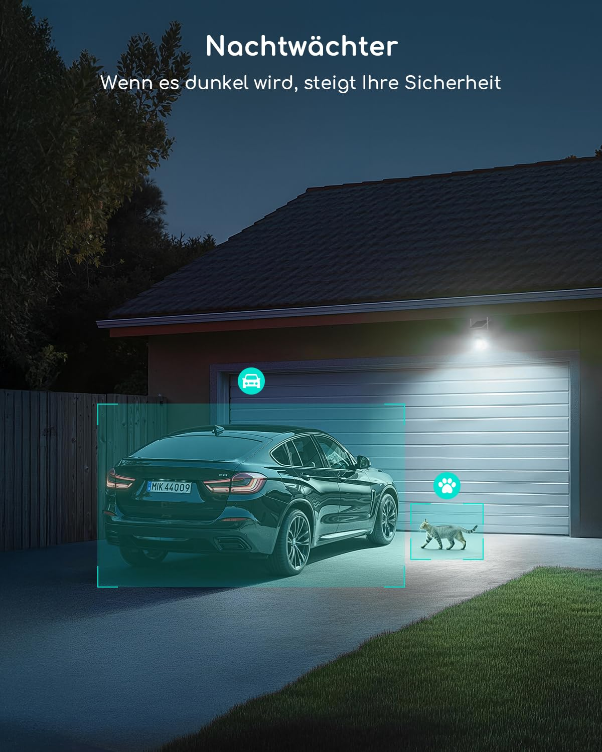 Un'auto e un gatto vengono rilevati da una luce di sicurezza fuori da un garage di notte.