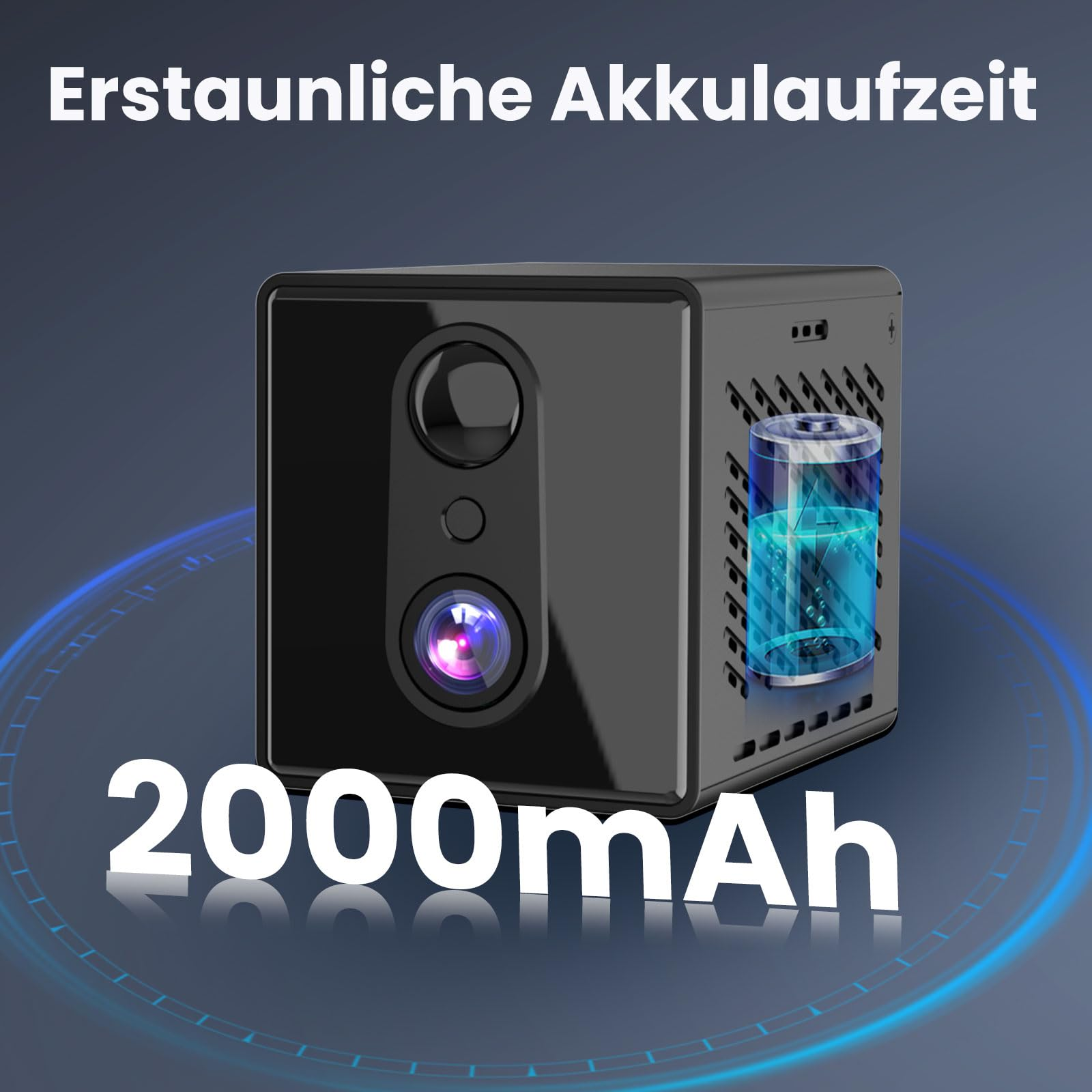 Eine schwarze Würfelkamera mit 2000mAh Akku, blauer Ladeanzeige, Sensor und Linse auf blauem Hintergrund.