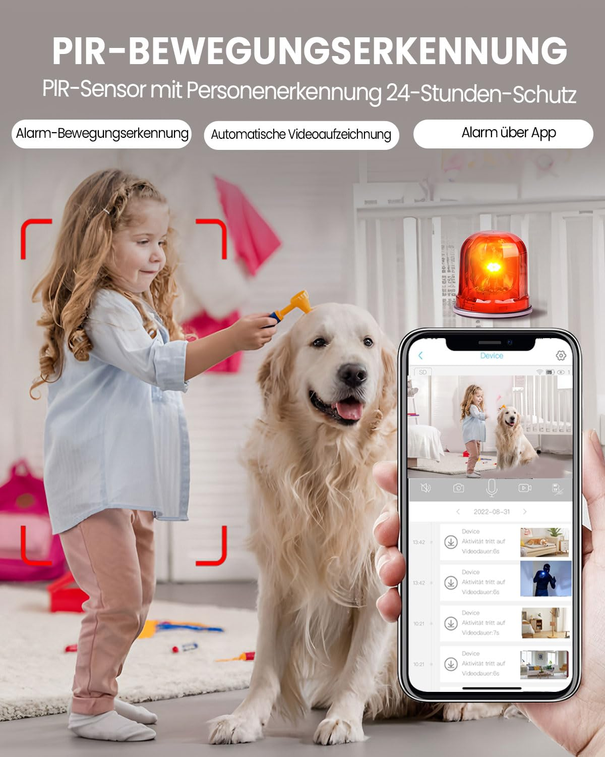 Ein Kind spielt mit einem Hund, während eine Überwachungskamera die Szene auf einem Smartphone anzeigt.