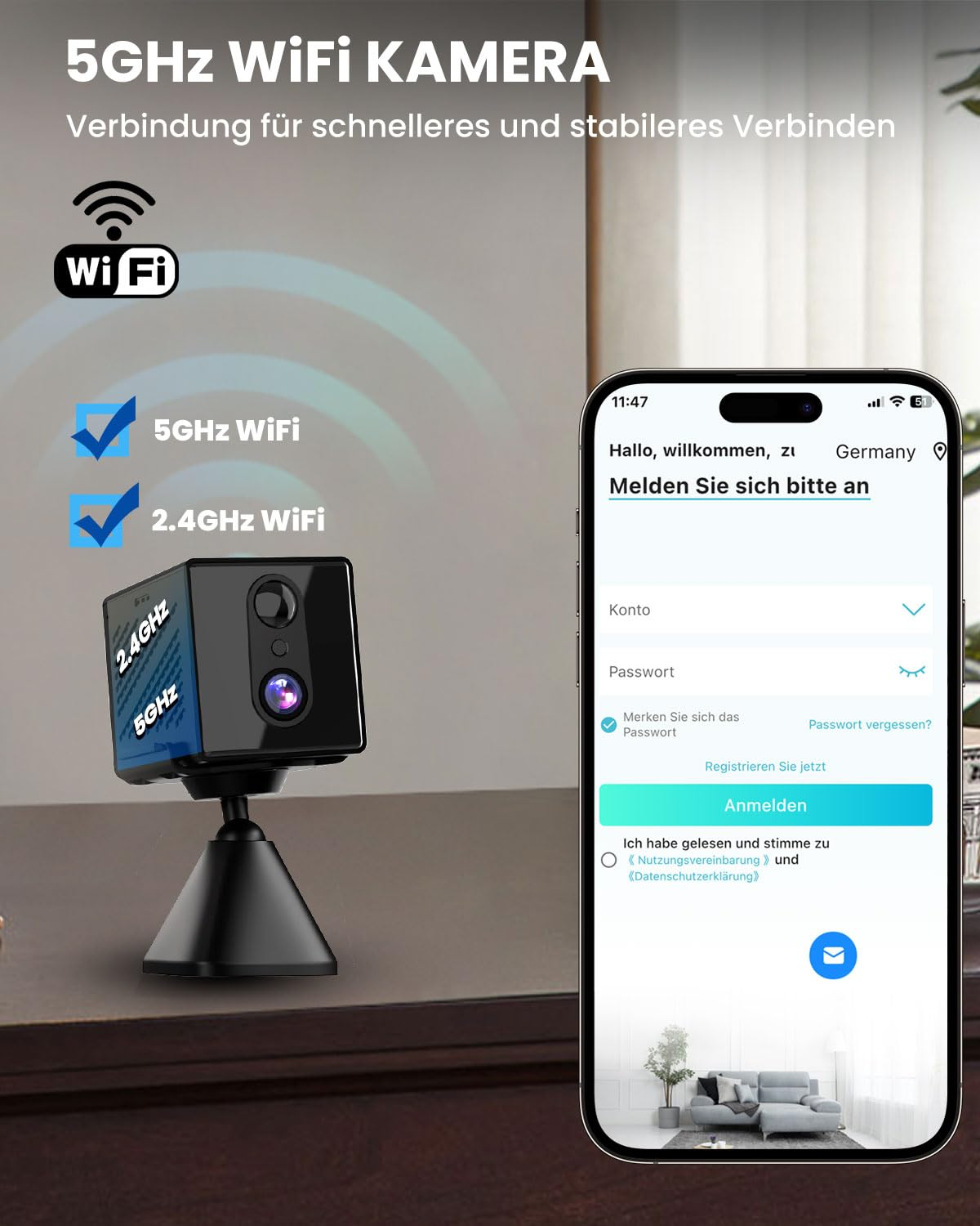 Eine kleine schwarze Sicherheitskamera auf einem Ständer neben einem Smartphone mit Anmeldebildschirm.