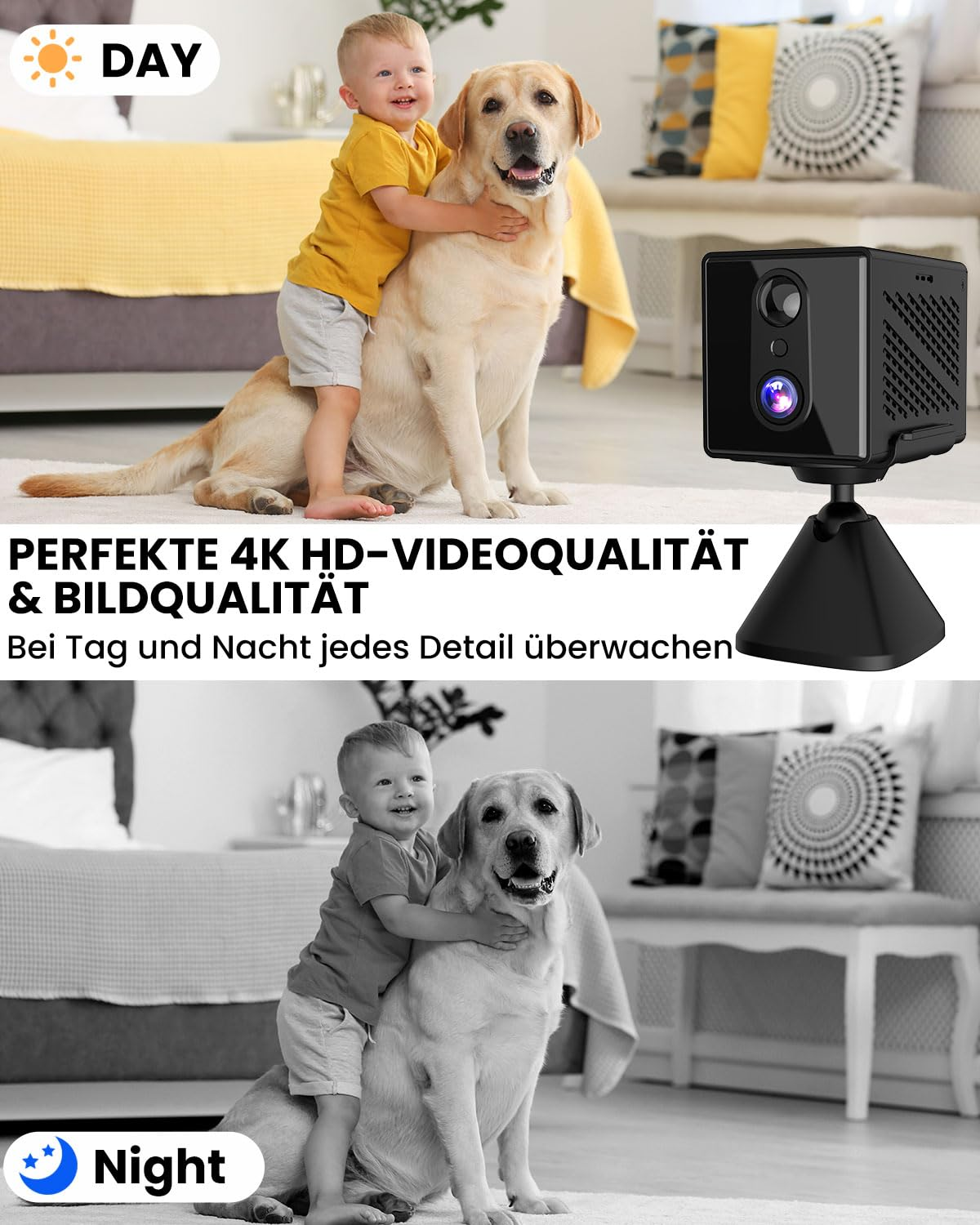Eine Überwachungskamera zeigt Tag- und Nachtsicht mit einem Kind, das einen Hund umarmt.