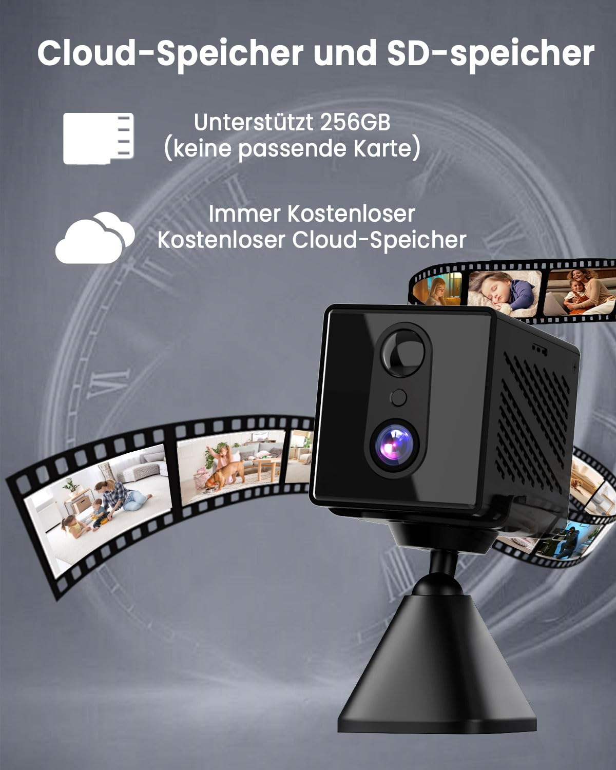 Schwarze Sicherheitskamera auf Ständer vor grauem Hintergrund mit Text und Bildstreifen.