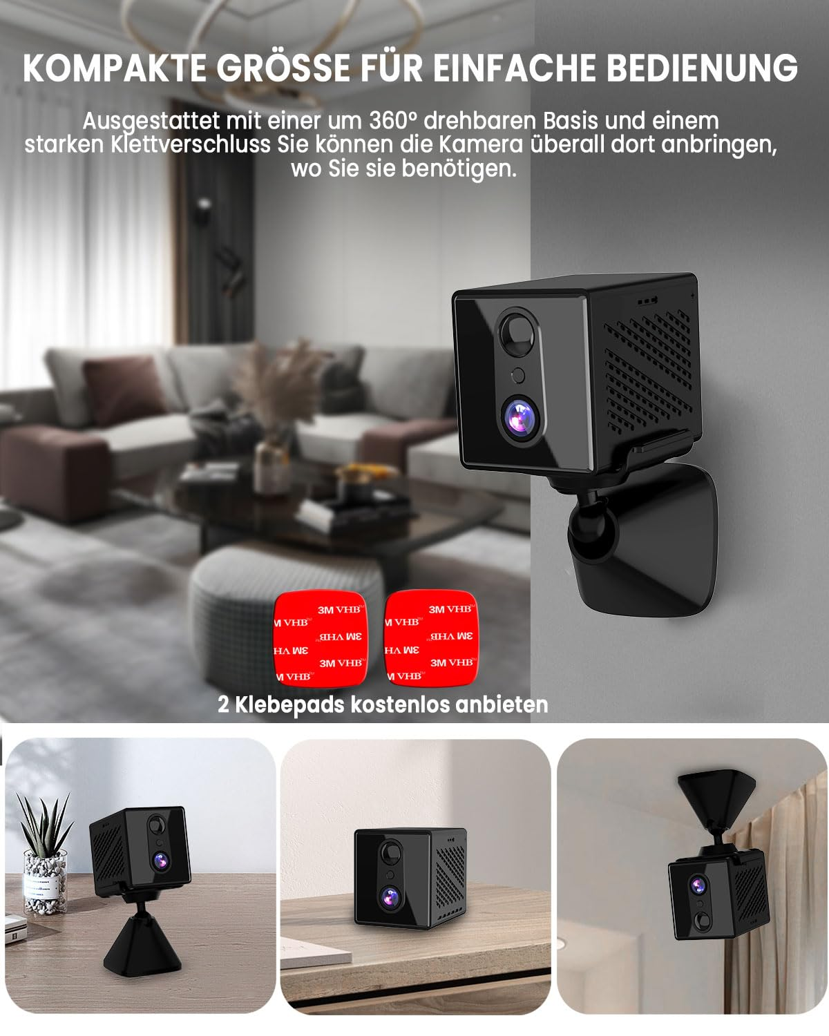 Eine kleine schwarze Überwachungskamera an einer Wand mit kleineren Bildern verschiedener Platzierungen.