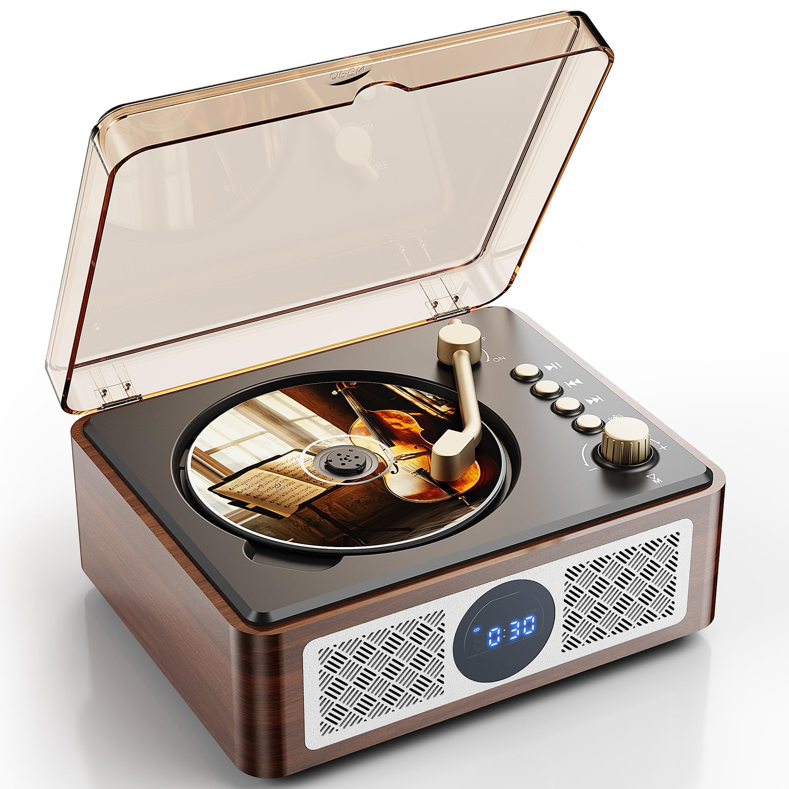 Tourne-disque rétro en bois avec couvercle ouvert, affichage numérique et bras doré.