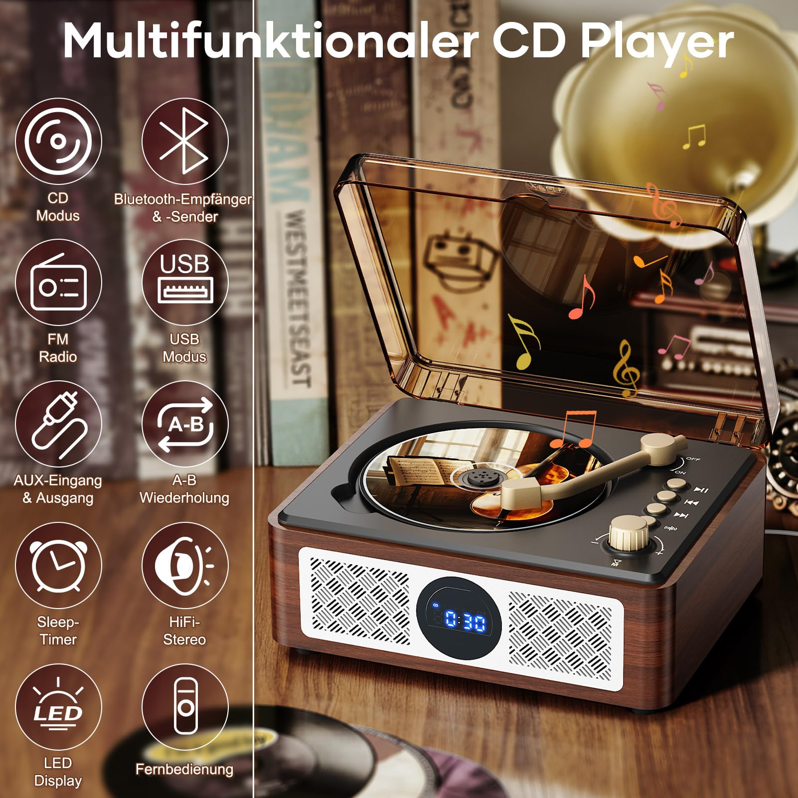 Lecteur CD multifonction en bois avec couvercle ouvert, affichage numérique et icônes Bluetooth et radio FM.