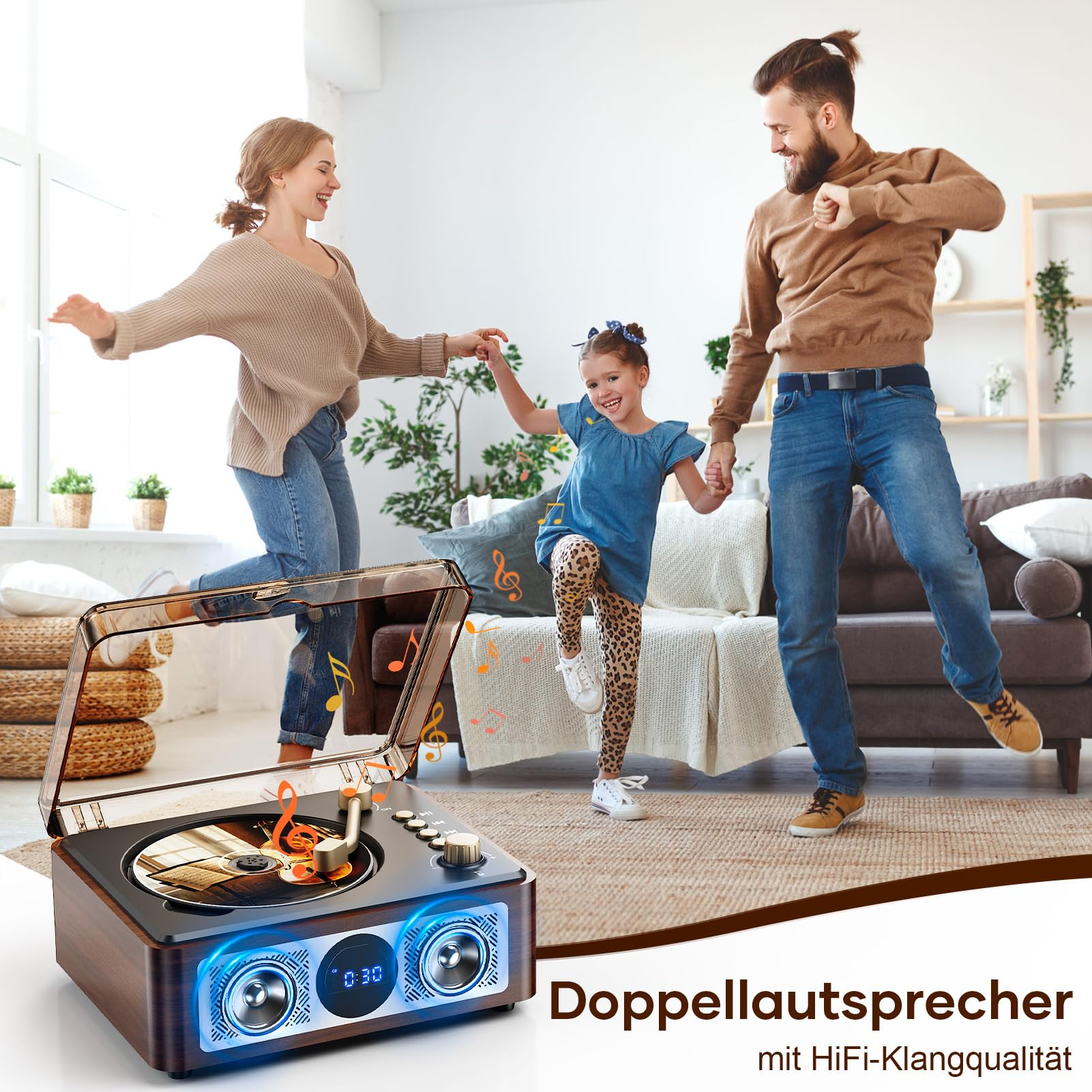Une famille heureuse danse dans le salon tandis qu'un tourne-disque joue de la musique au premier plan.
