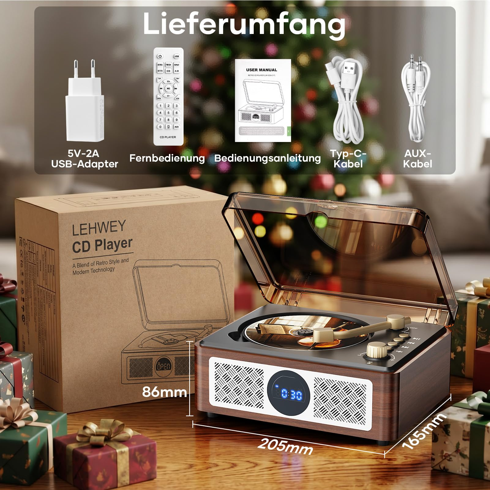 Lecteur CD rétro avec accessoires comme adaptateur, télécommande et manuel, présenté avec sa boîte et des cadeaux.