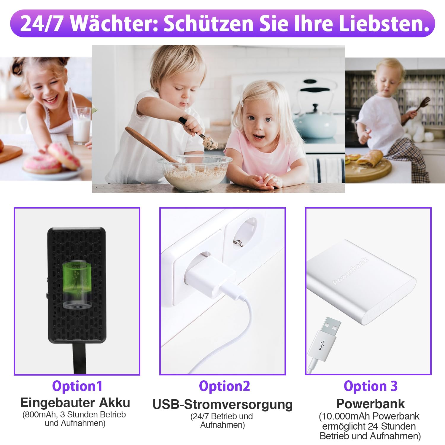 Collage mostra bambini in cucina e tre opzioni di alimentazione: batteria, presa USB e power bank.