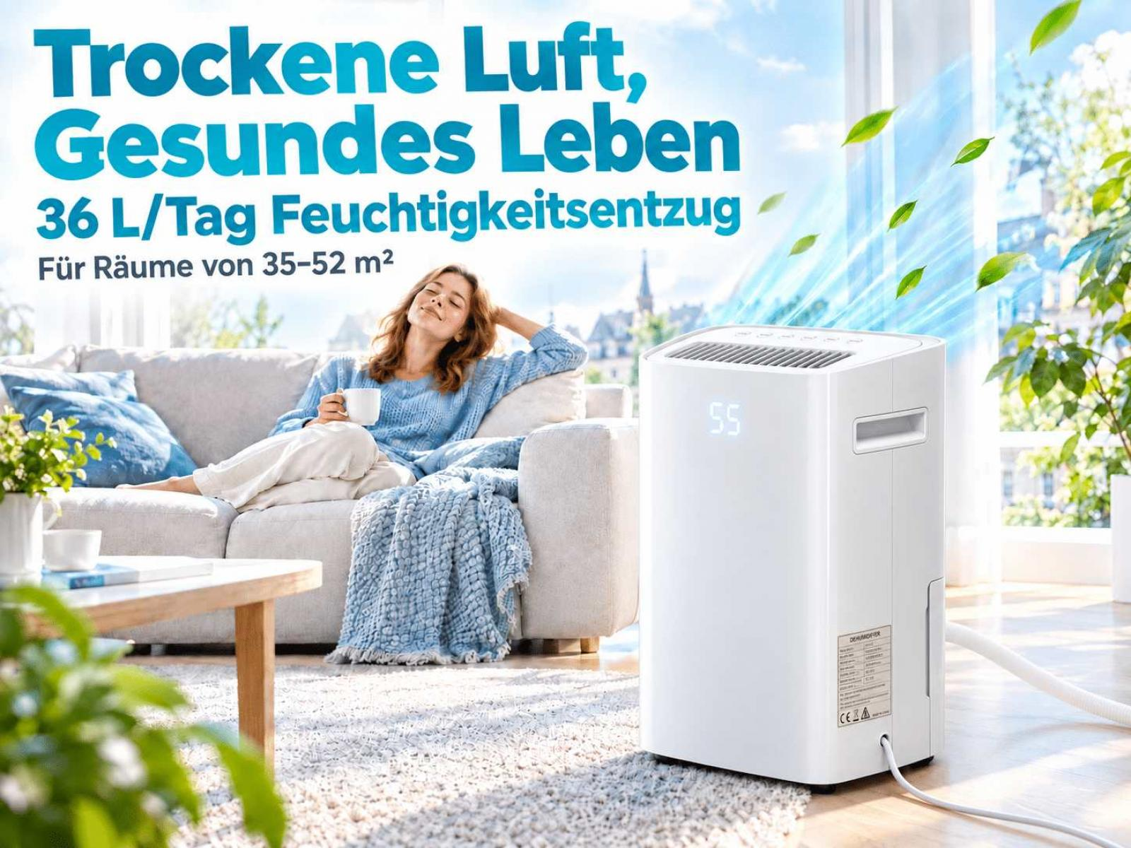 Ein weißer Luftentfeuchter steht im Wohnzimmer, während eine Frau entspannt auf dem Sofa sitzt.