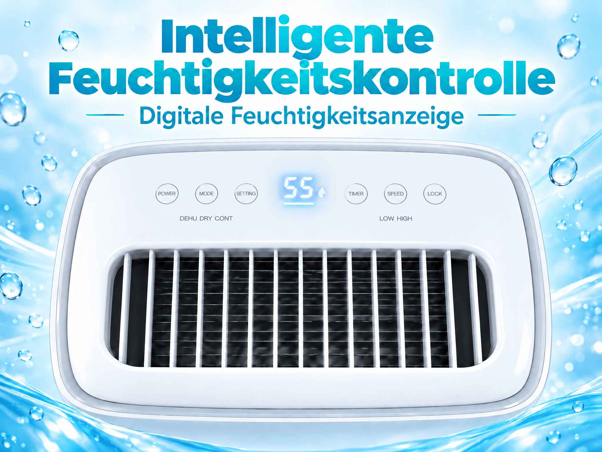 Weißes Entfeuchter-Bedienfeld mit Digitaldisplay, Touch-Tasten und Lüftungsgitter auf blauem Hintergrund mit Wassertropfen.