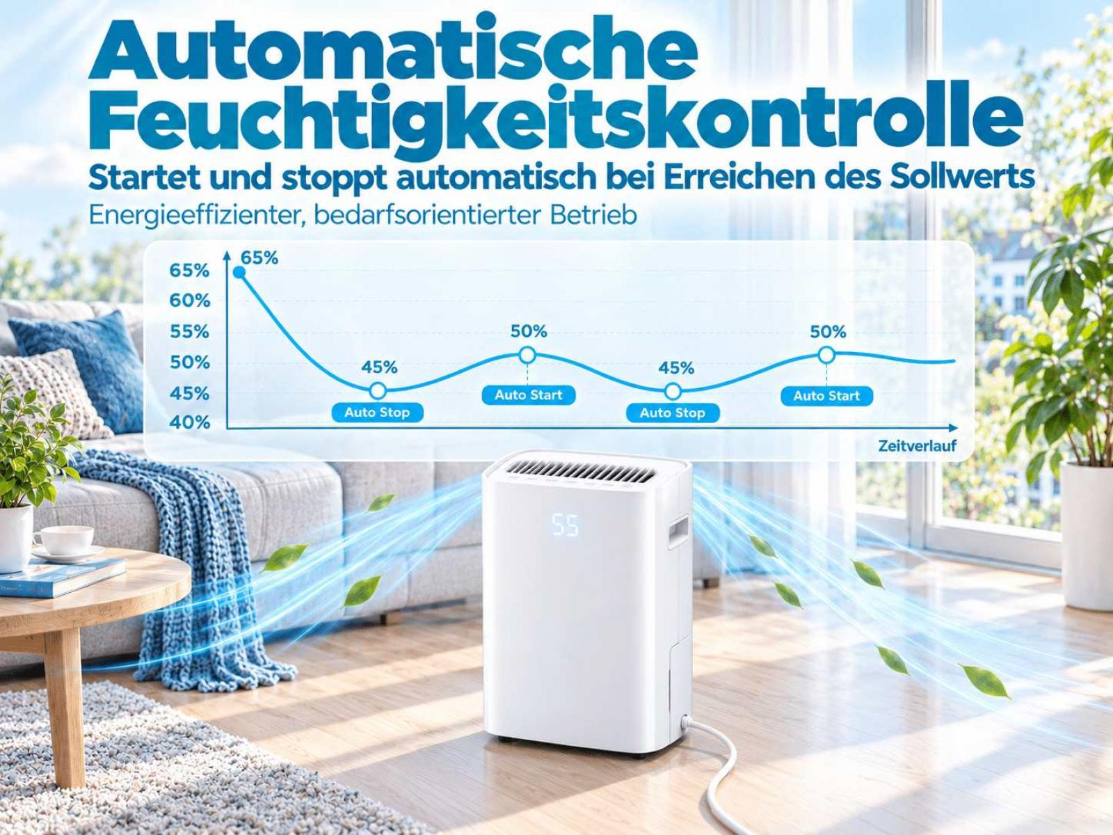 Ein weißer Luftentfeuchter in einem hellen Wohnzimmer mit einem Diagramm zur automatischen Feuchtigkeitskontrolle.