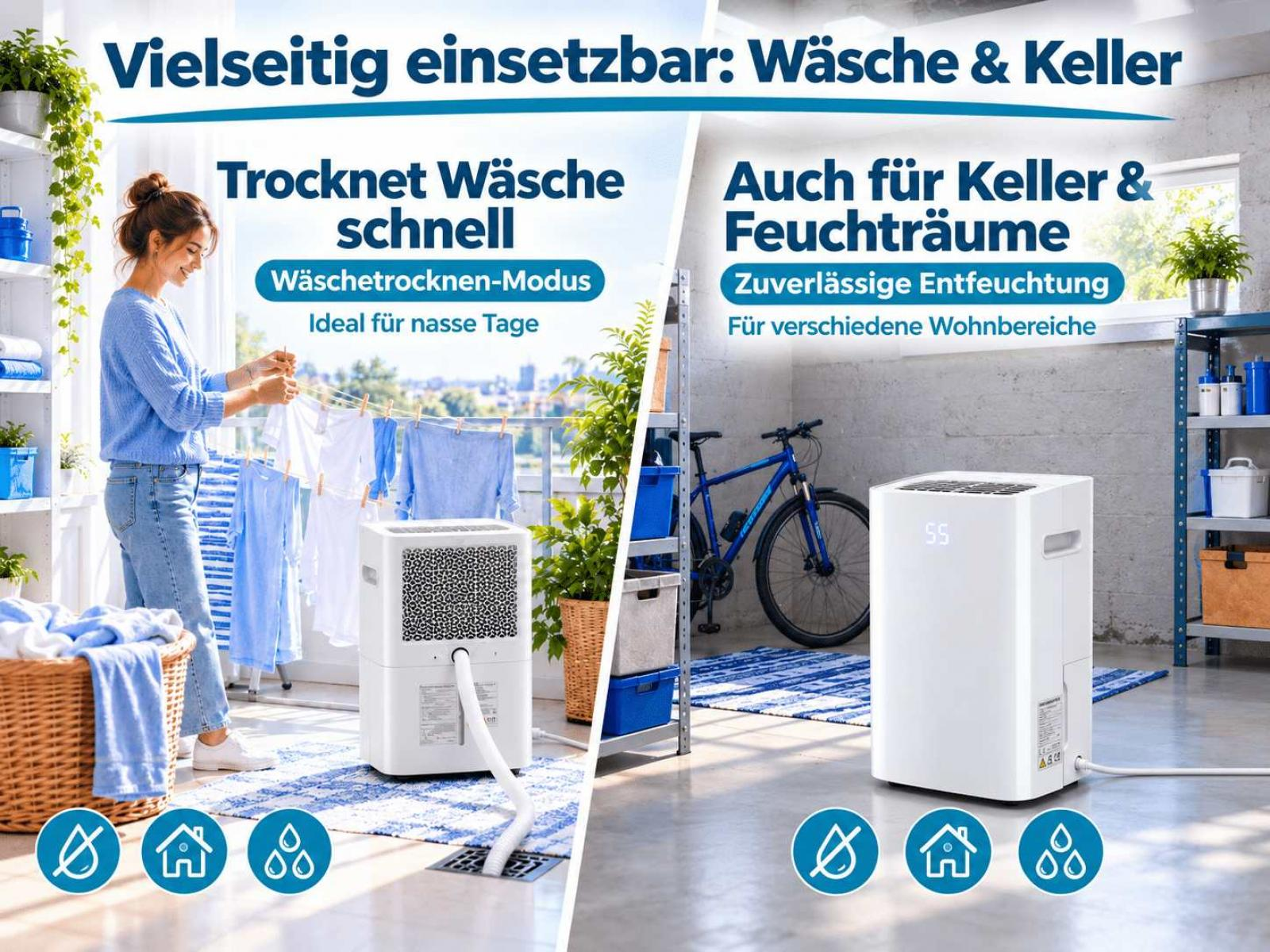 Ein geteiltes Bild zeigt einen Luftentfeuchter beim Wäschetrocknen auf dem Balkon und einen im Keller neben einem Fahrrad.