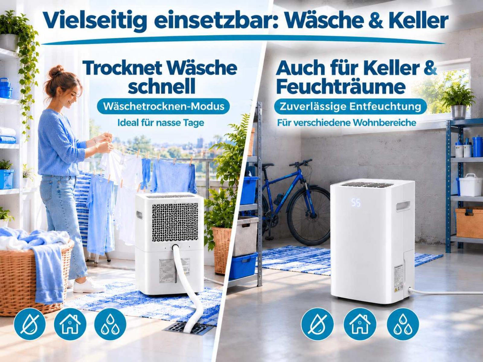 Ein weißer Luftentfeuchter steht im Raum, links hängt Wäsche auf dem Balkon, rechts steht ein Fahrrad im Keller.