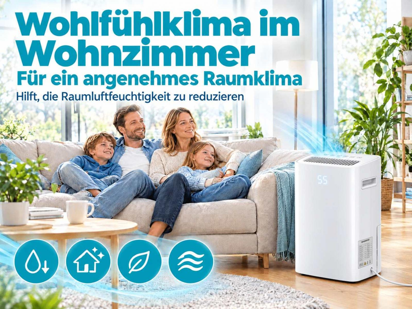 Eine glückliche Familie sitzt im Wohnzimmer neben einem weißen Luftentfeuchter mit blauen Symbolen.