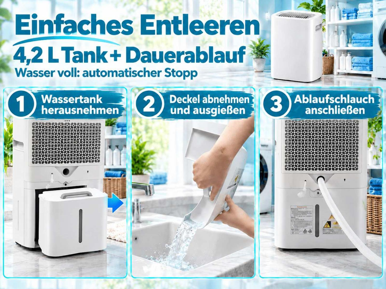 Anleitung zum Entleeren des Wassertanks eines Luftentfeuchters in drei Schritten.