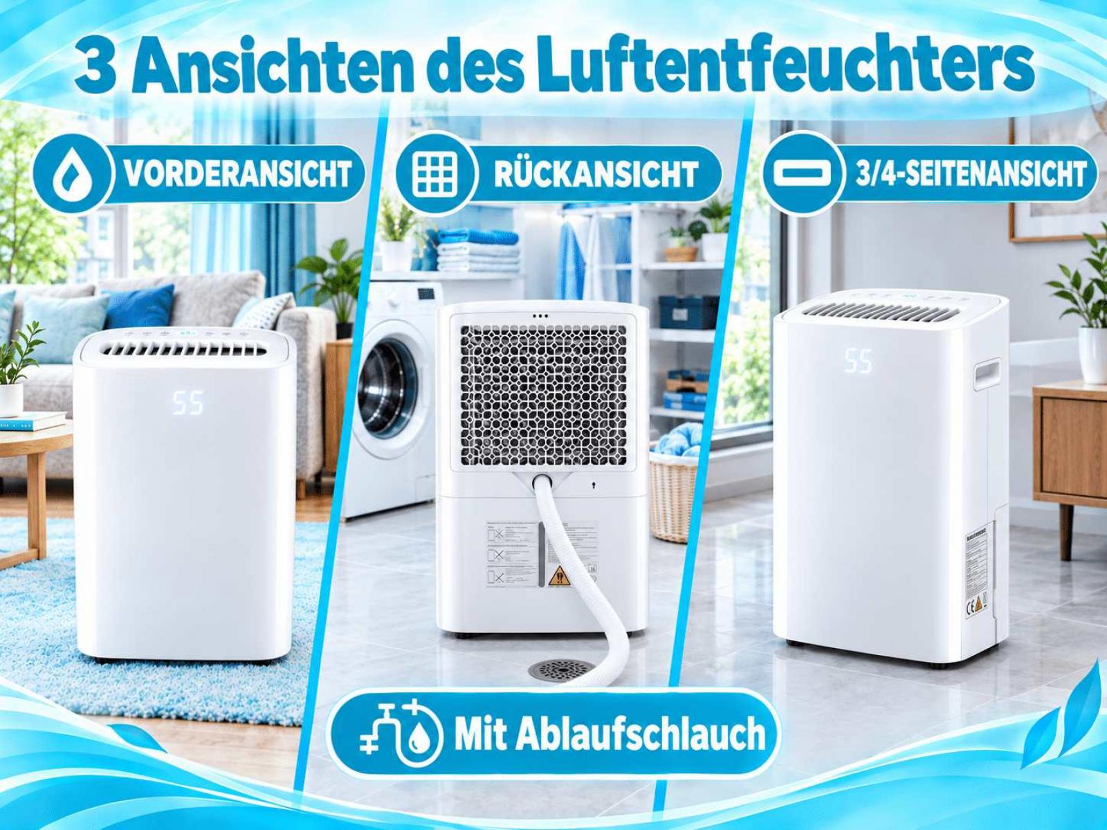 Drei Ansichten eines weißen Luftentfeuchters mit Ablaufeinsatz in verschiedenen Räumen.