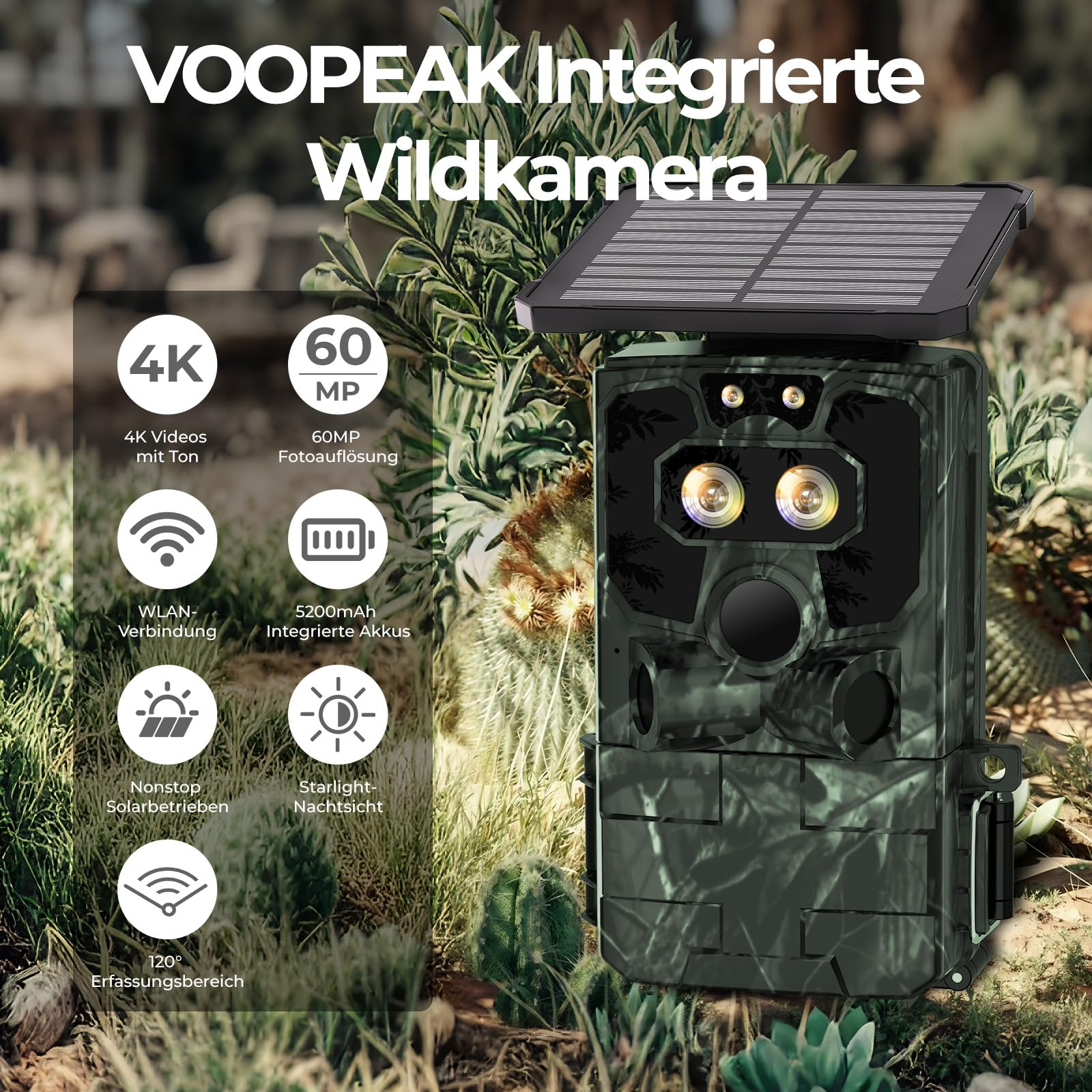 Fotocamera mimetica per fauna con pannello solare e icone per 4K, Wi-Fi e visione notturna.