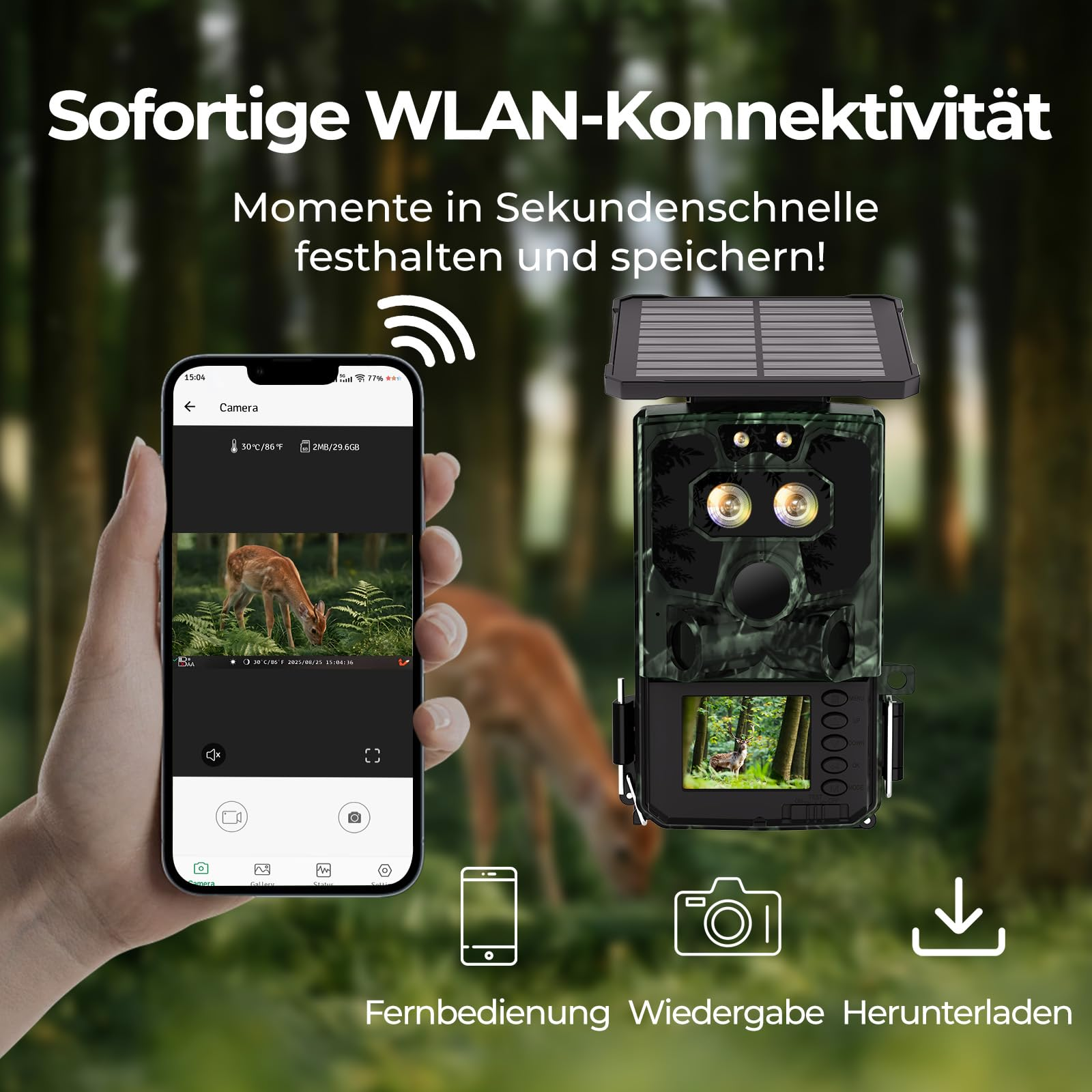 Fotocamera mimetica per fauna con pannello solare e app per smartphone per controllo Wi-Fi e live.