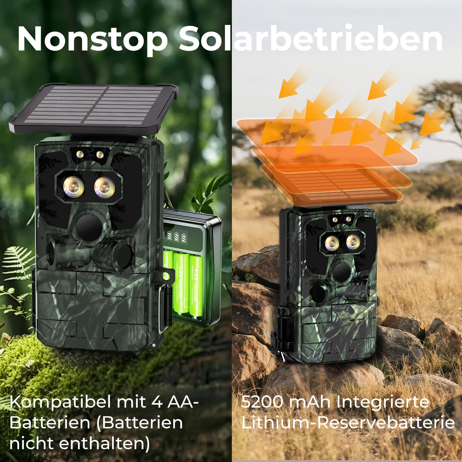 Fotocamera da caccia solare con batteria integrata e opzione pile AA.