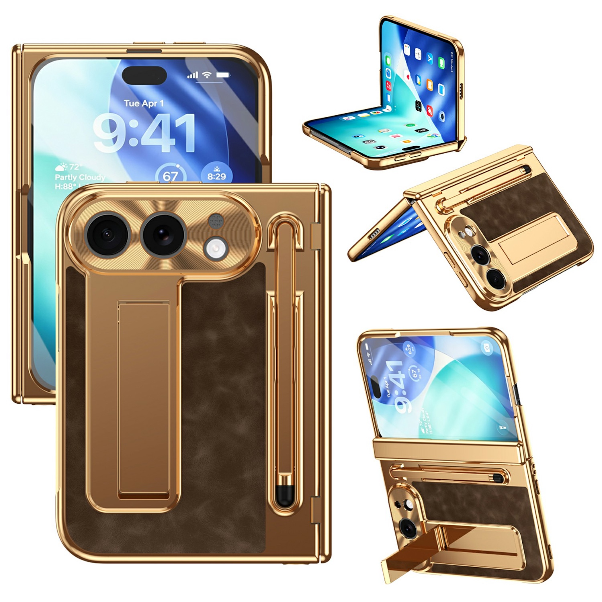 Ein faltbares Smartphone in einer goldenen Hülle mit braunem Leder und Stifthalter in verschiedenen Ansichten.