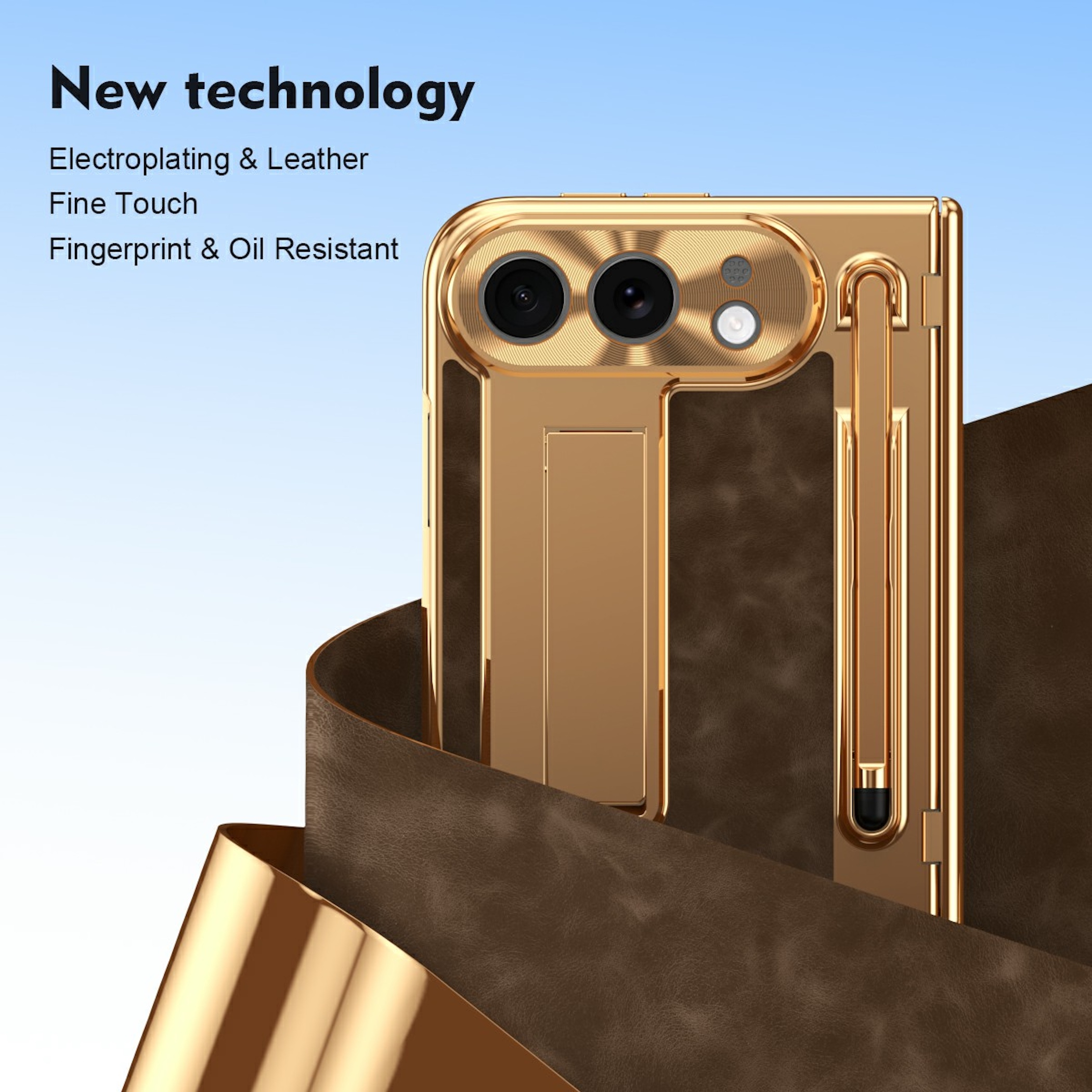 Goldenes Smartphone mit Lederetui und Stift, vor blauem Hintergrund.