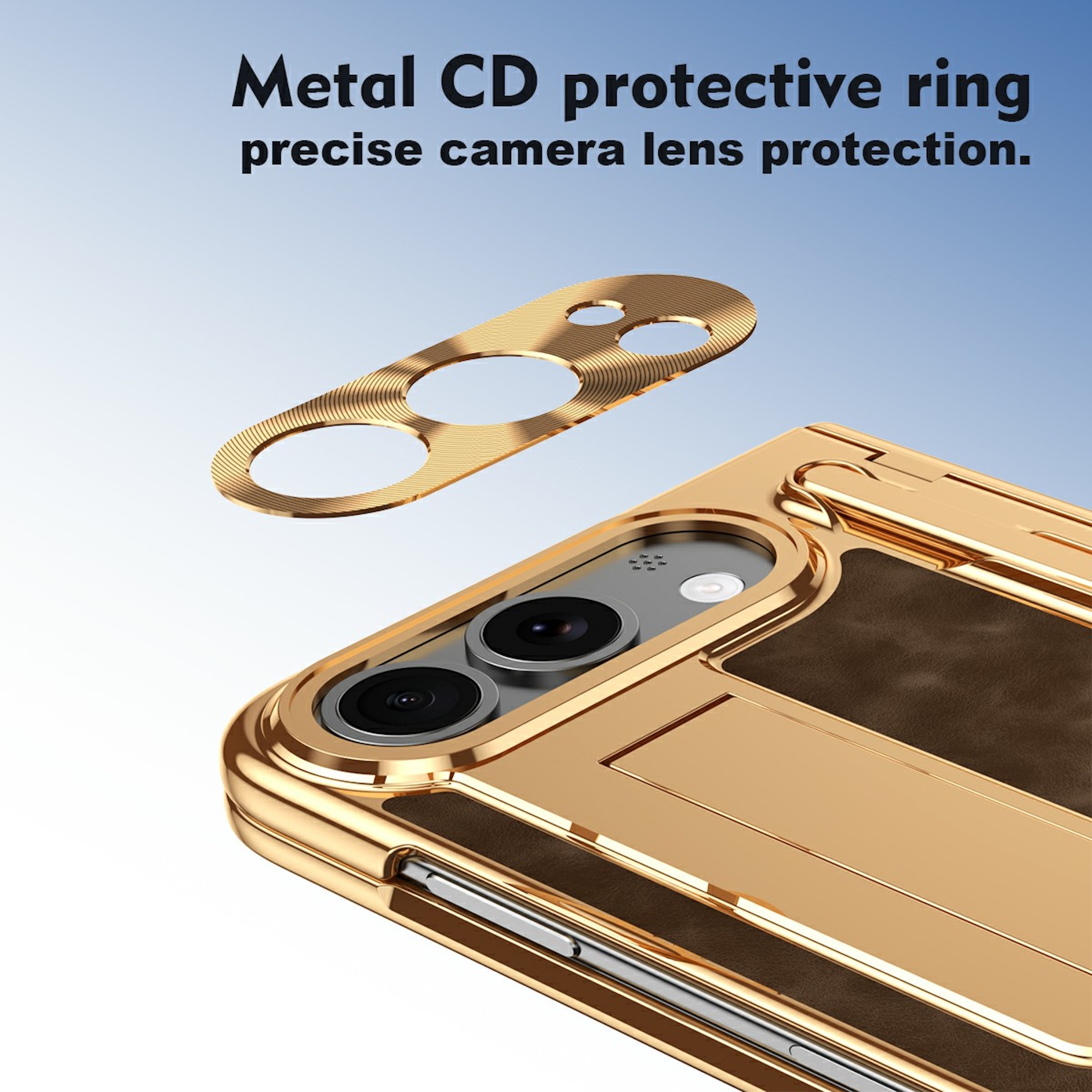 Goldene Smartphone-Hülle mit Metallring für den Kameraschutz und Text oben.
