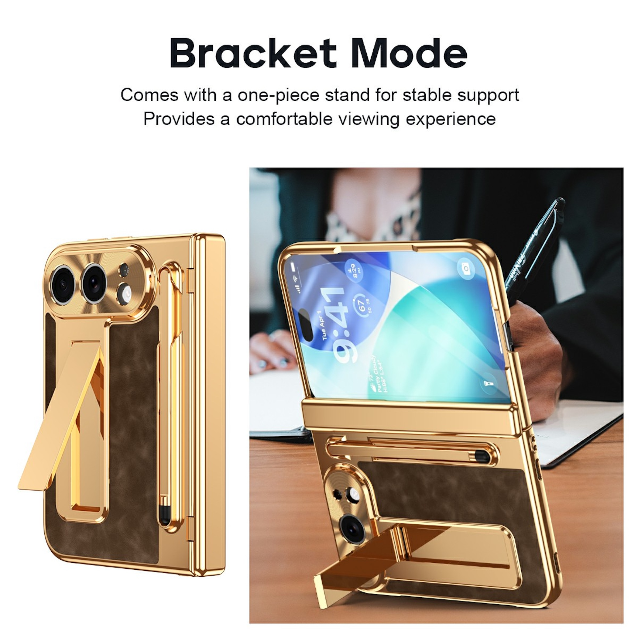 Goldenes Klapphandy mit integriertem Ständer und Stift, aufgestellt auf einem Holztisch vor einer Person.