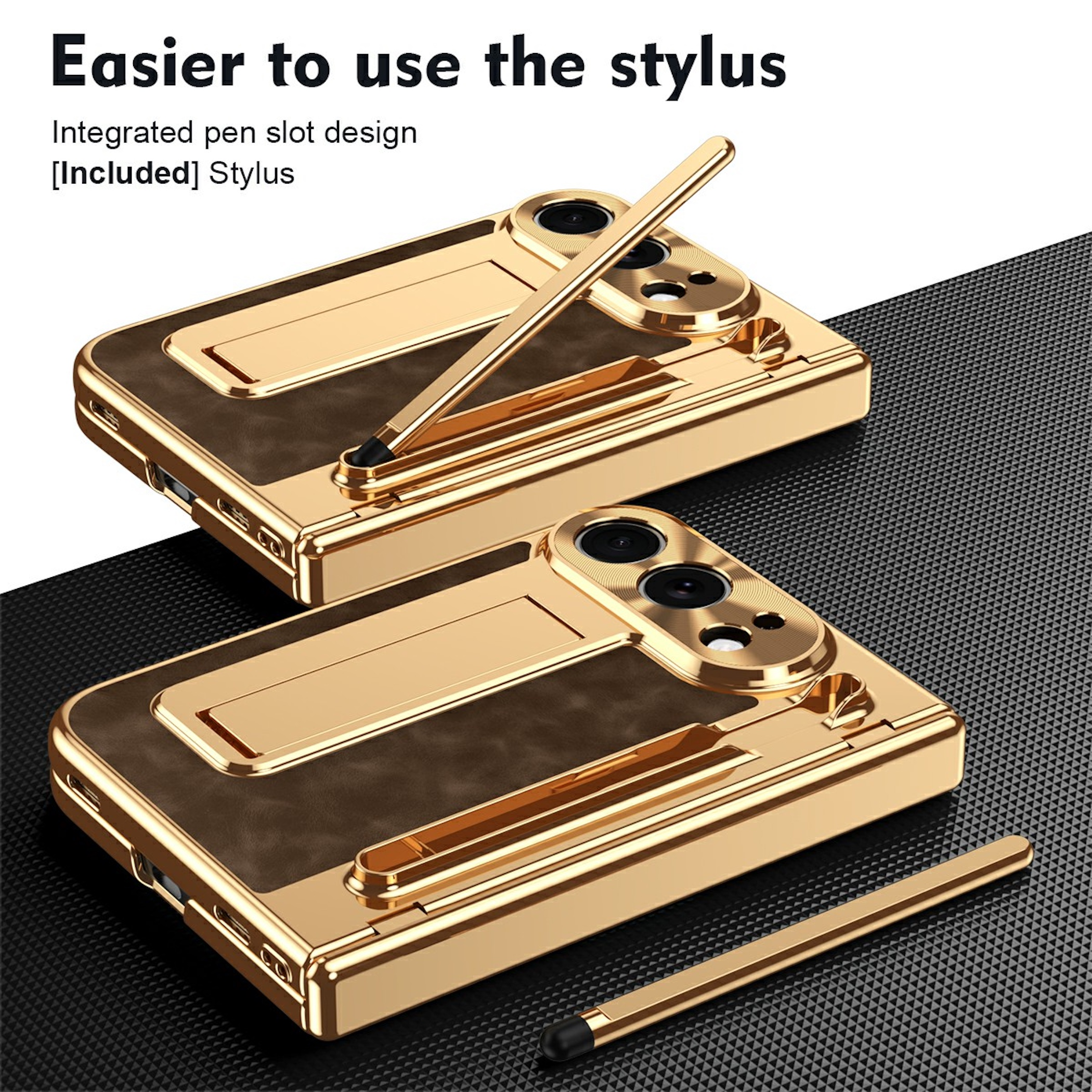 Goldene Smartphone-Hülle mit Stifthalter und mitgeliefertem Stift auf schwarzem Hintergrund.