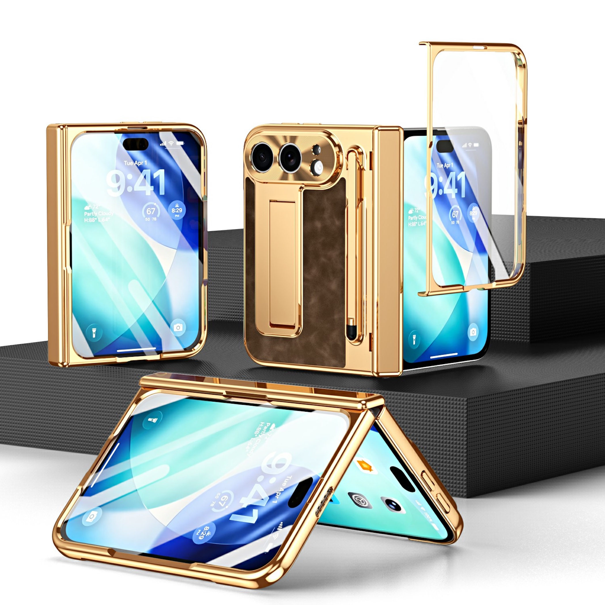 Goldene klappbare Handyhüllen mit Leder-Rückseite, Stift und integriertem Displayschutz auf dunklen Ständern.