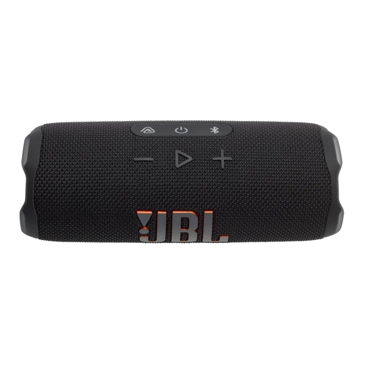 Schwarzer tragbarer JBL-Bluetooth-Lautsprecher mit orangem Logo auf weißem Hintergrund.