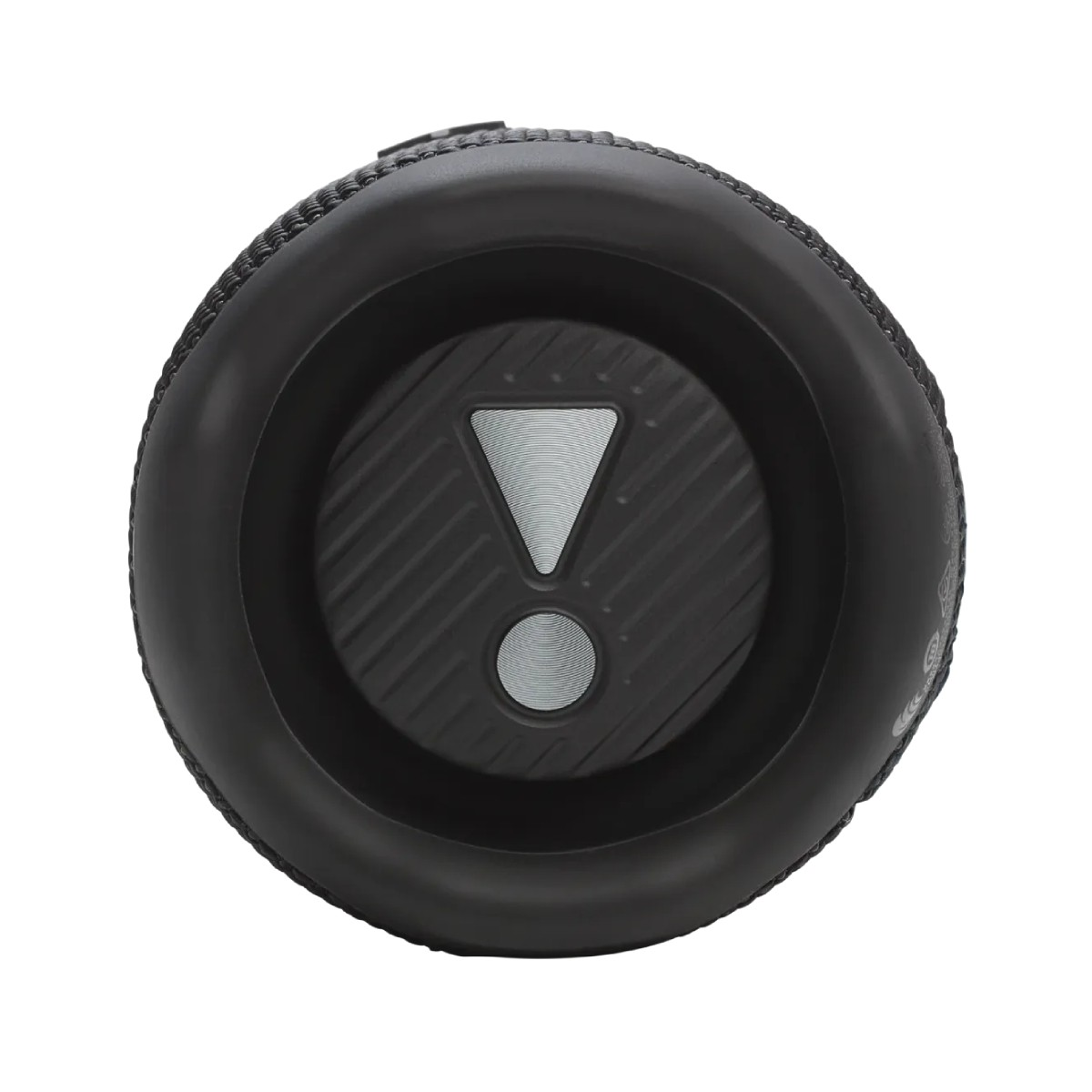 Schwarzer runder JBL-Lautsprecher, Vorderansicht mit Ausrufezeichen-Logo.