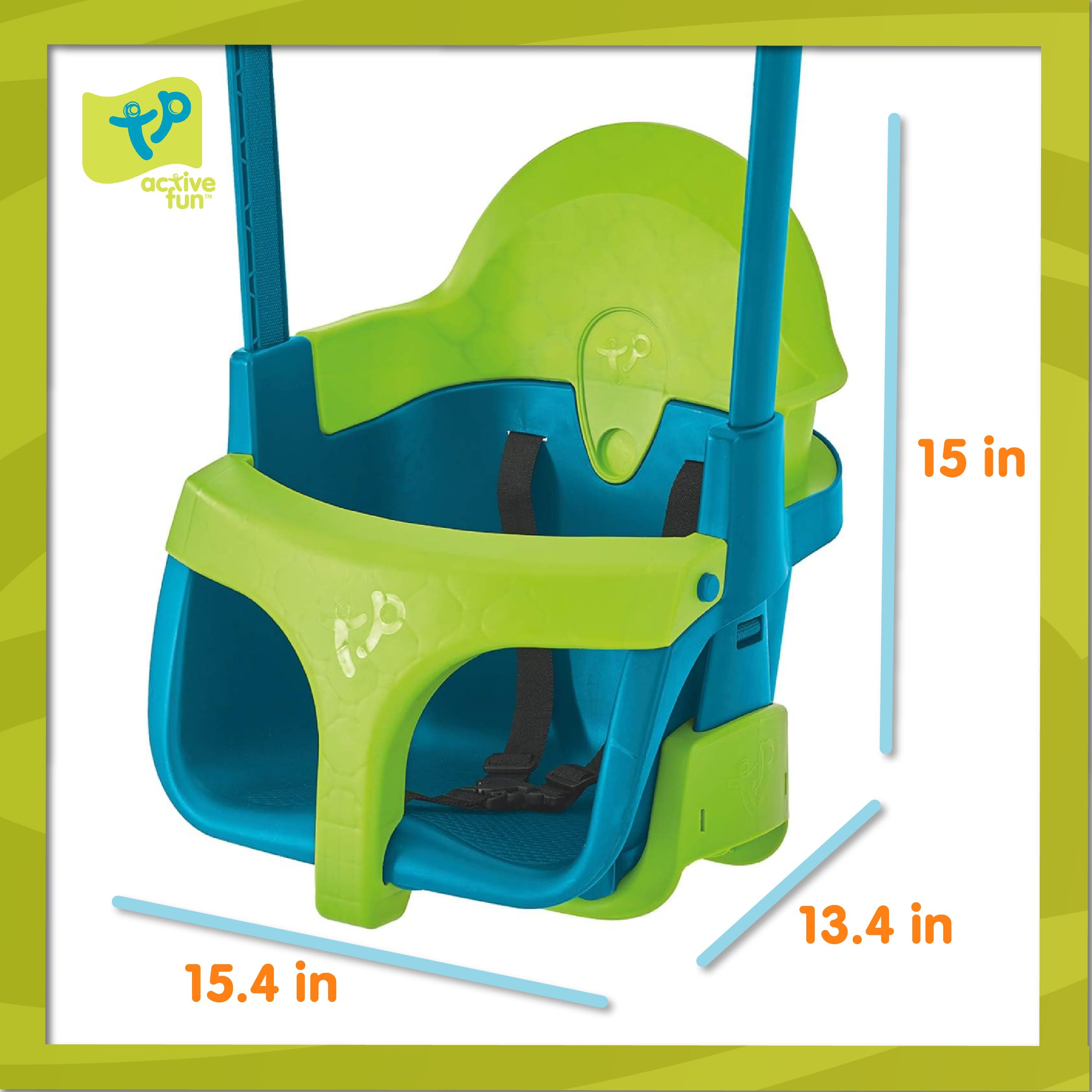 Ein blauer und grüner Kinderschaukel-Sitz mit Maßangaben von 15, 13,4 und 15,4 Zoll.