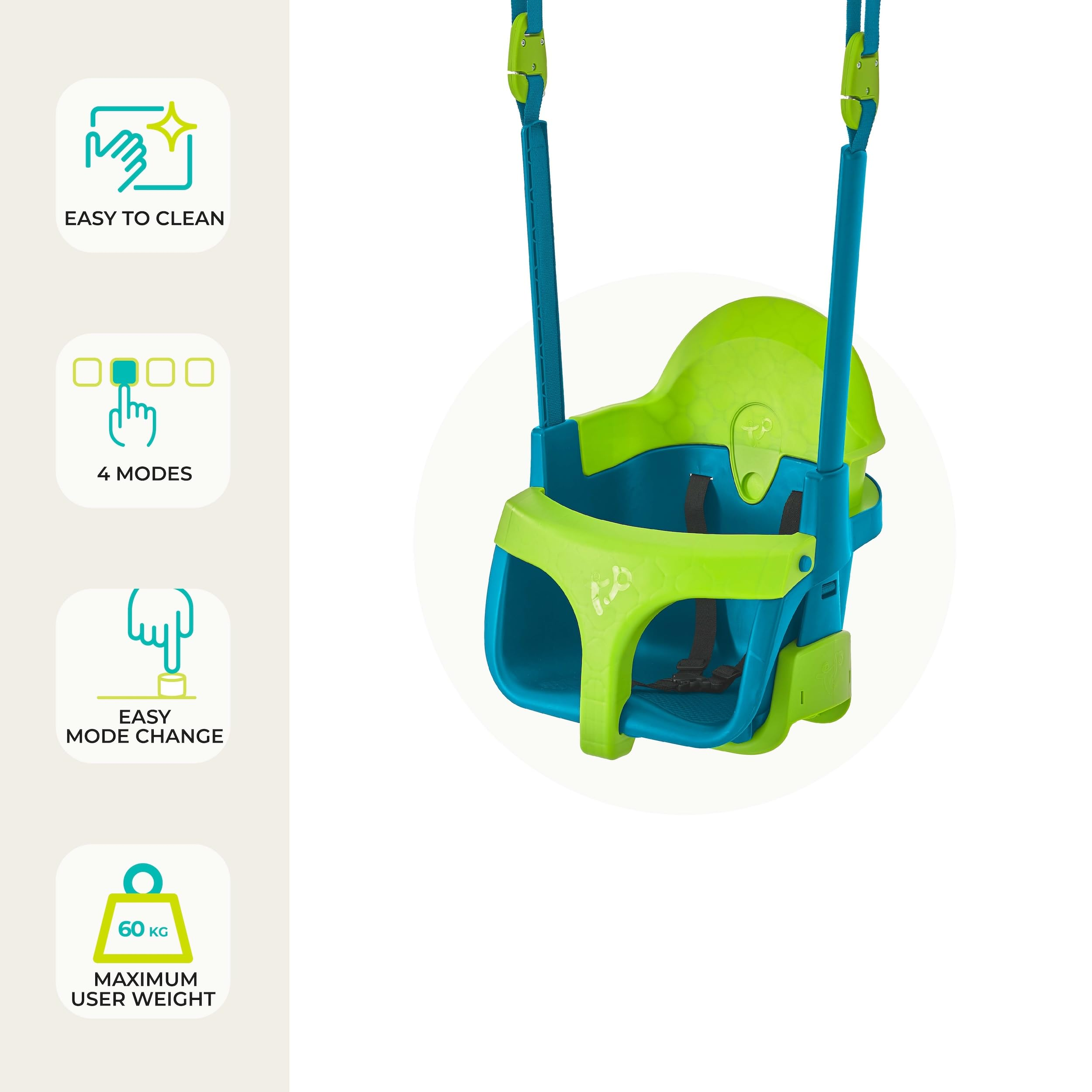 Blaue und grüne Babyschaukel mit Gurten und Symbolen für Reinheit, vier Modi und 60 kg Gewicht.