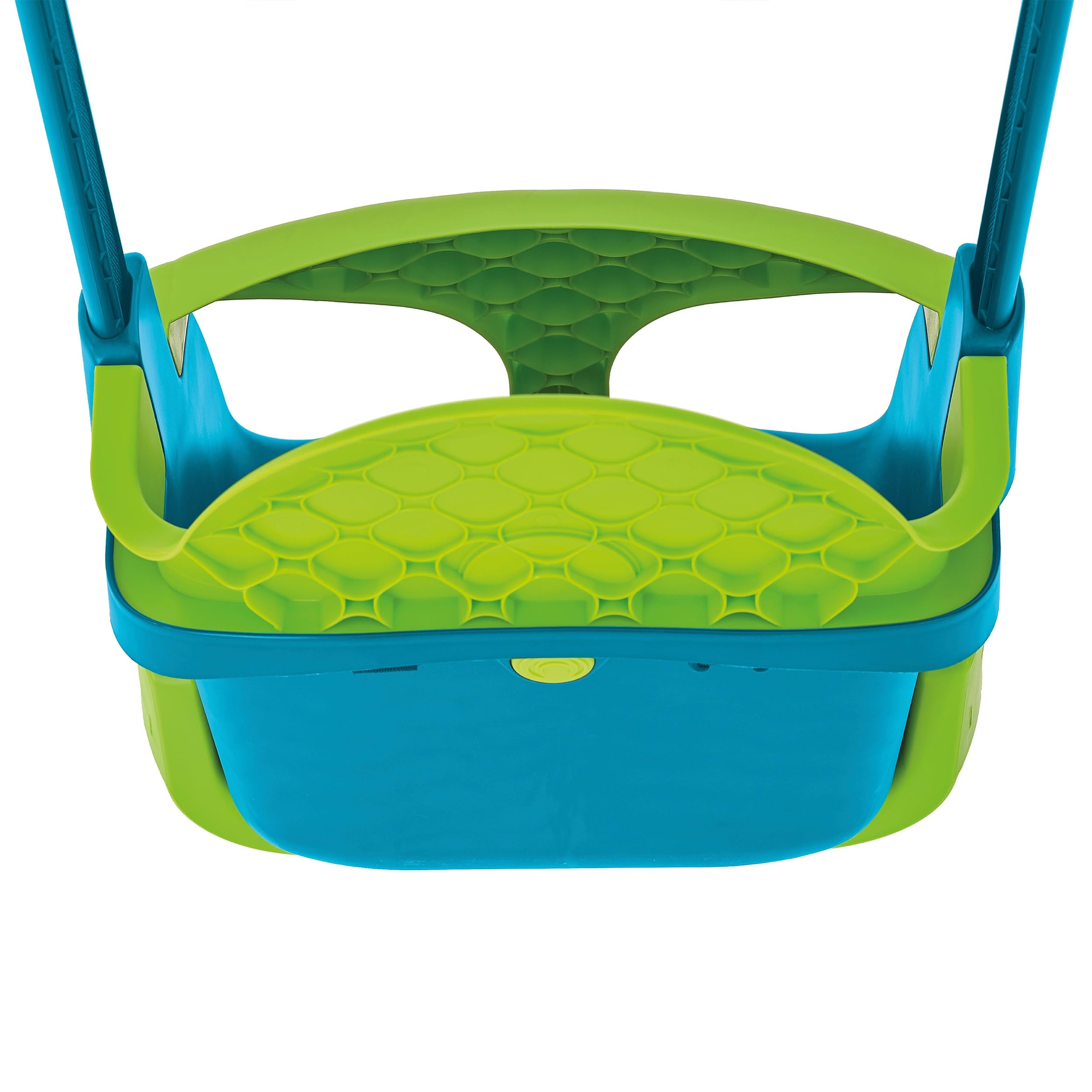 Blaue und grüne Kleinkinderschaukel aus Plastik mit sicheren Gurten und Rückenlehne vor weißem Hintergrund.