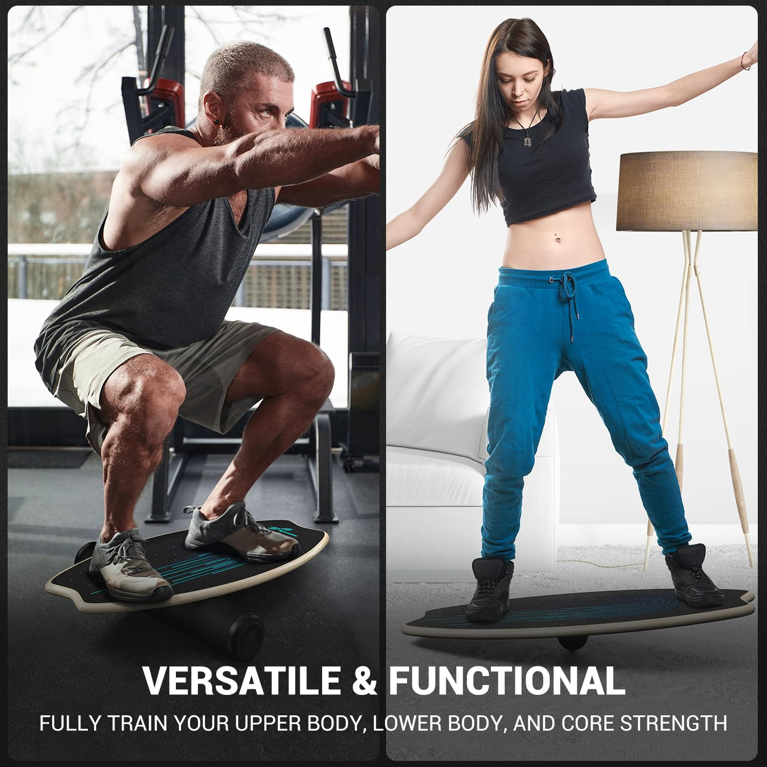 Uomo e donna che allenano core ed equilibrio su balance board in ambienti diversi.
