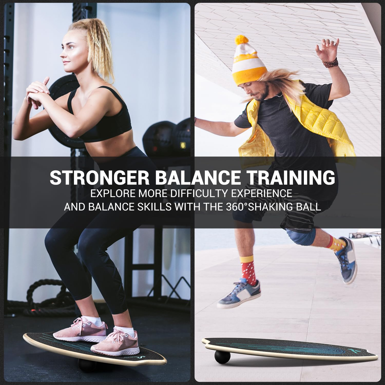 Persone che si allenano su balance board in diversi ambienti.