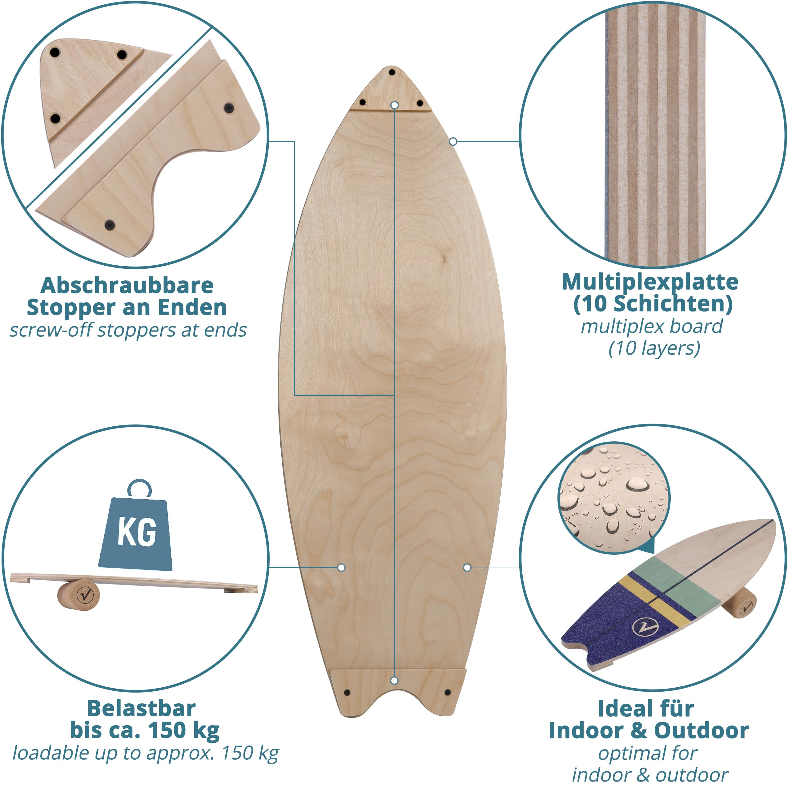 Tavola da equilibrio in legno con fermi, 10 strati, 150 kg di carico e uso interno ed esterno.
