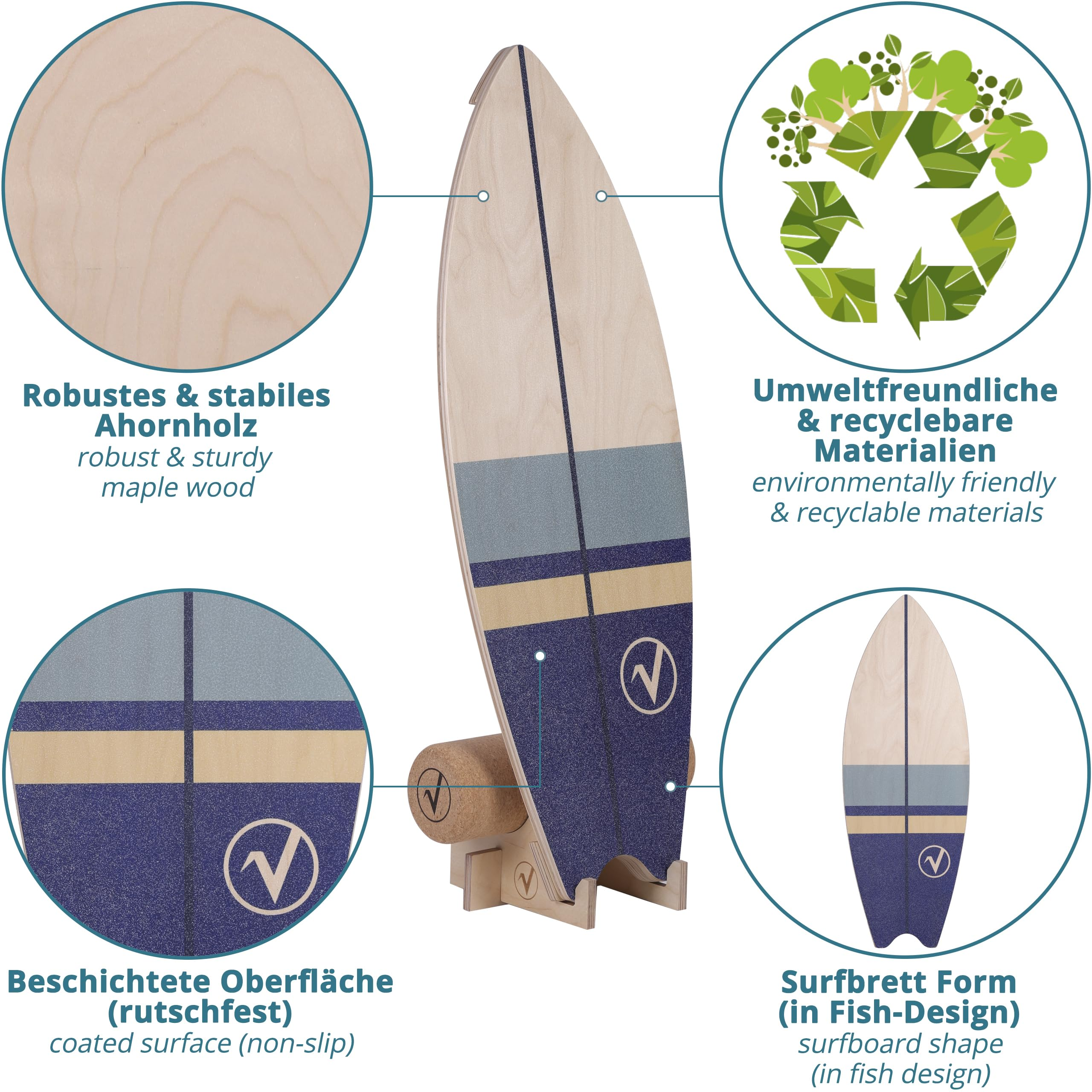 Una balance board in legno d'acero con design da surf, superficie antiscivolo e materiali ecologici.