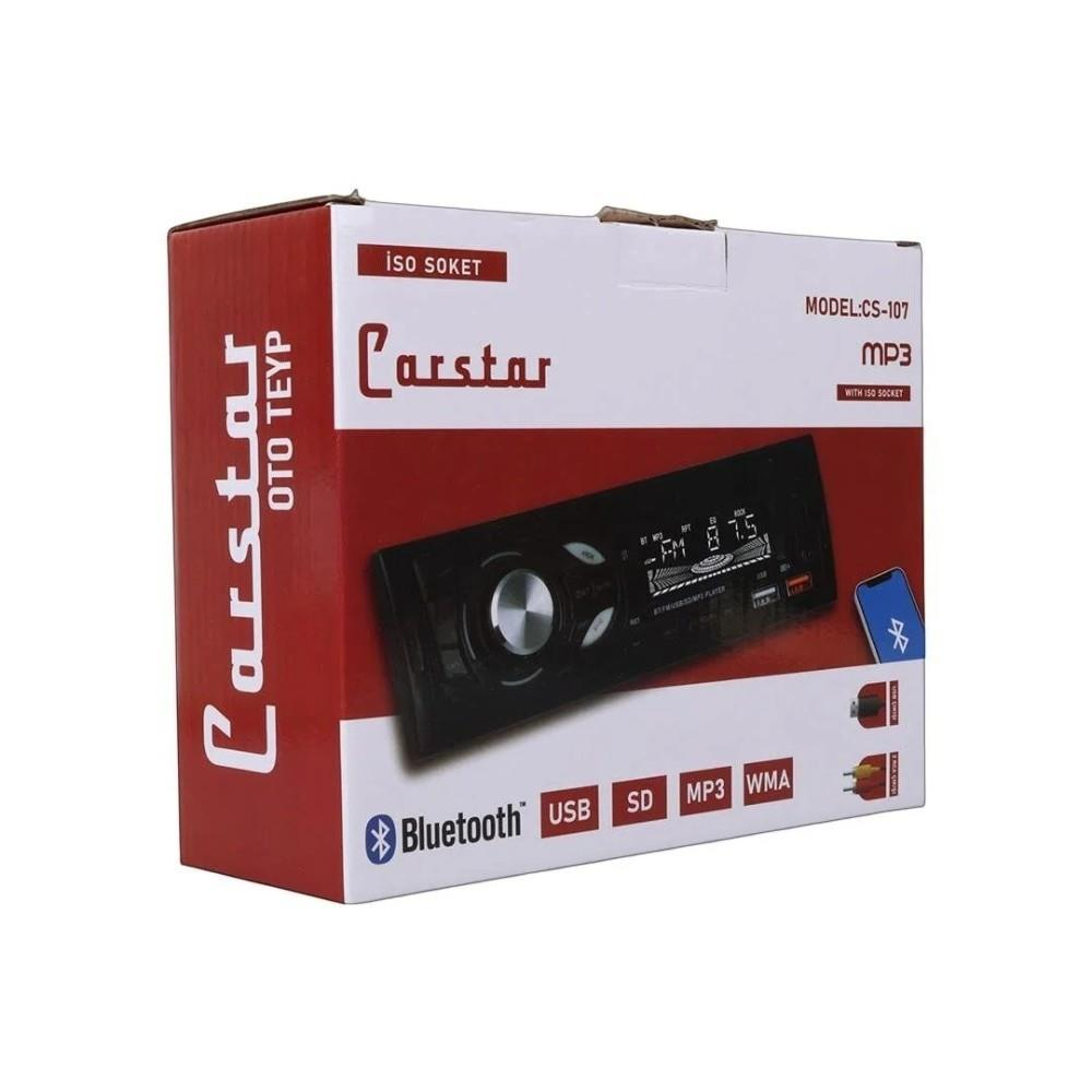 Cihaz görseli, Bluetooth, USB, SD ve WMA özelliklerini gösteren Carstar CS-107 MP3 oto teyp kutusu.