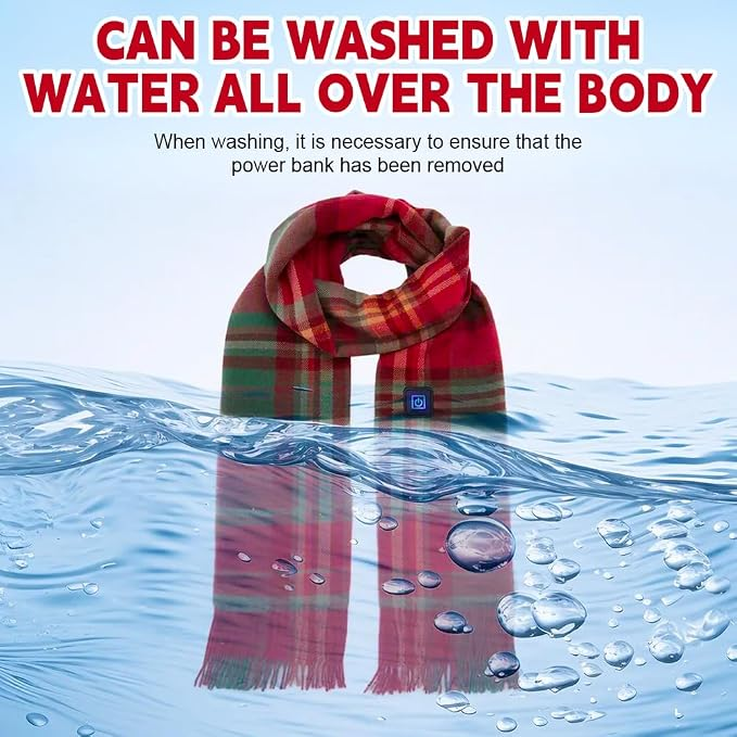 Ein rot-grün karierter Schal hängt teilweise im Wasser. Text oben wirbt für die Waschbarkeit.