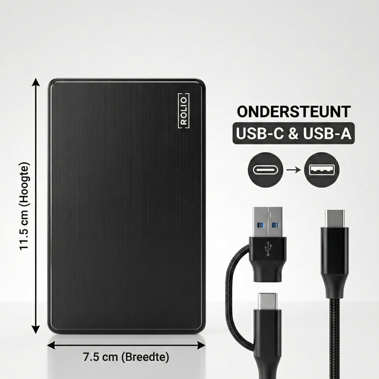 Schwarze externe Festplatte mit USB-C und USB-A Kabel, 11,5 x 7,5 cm.