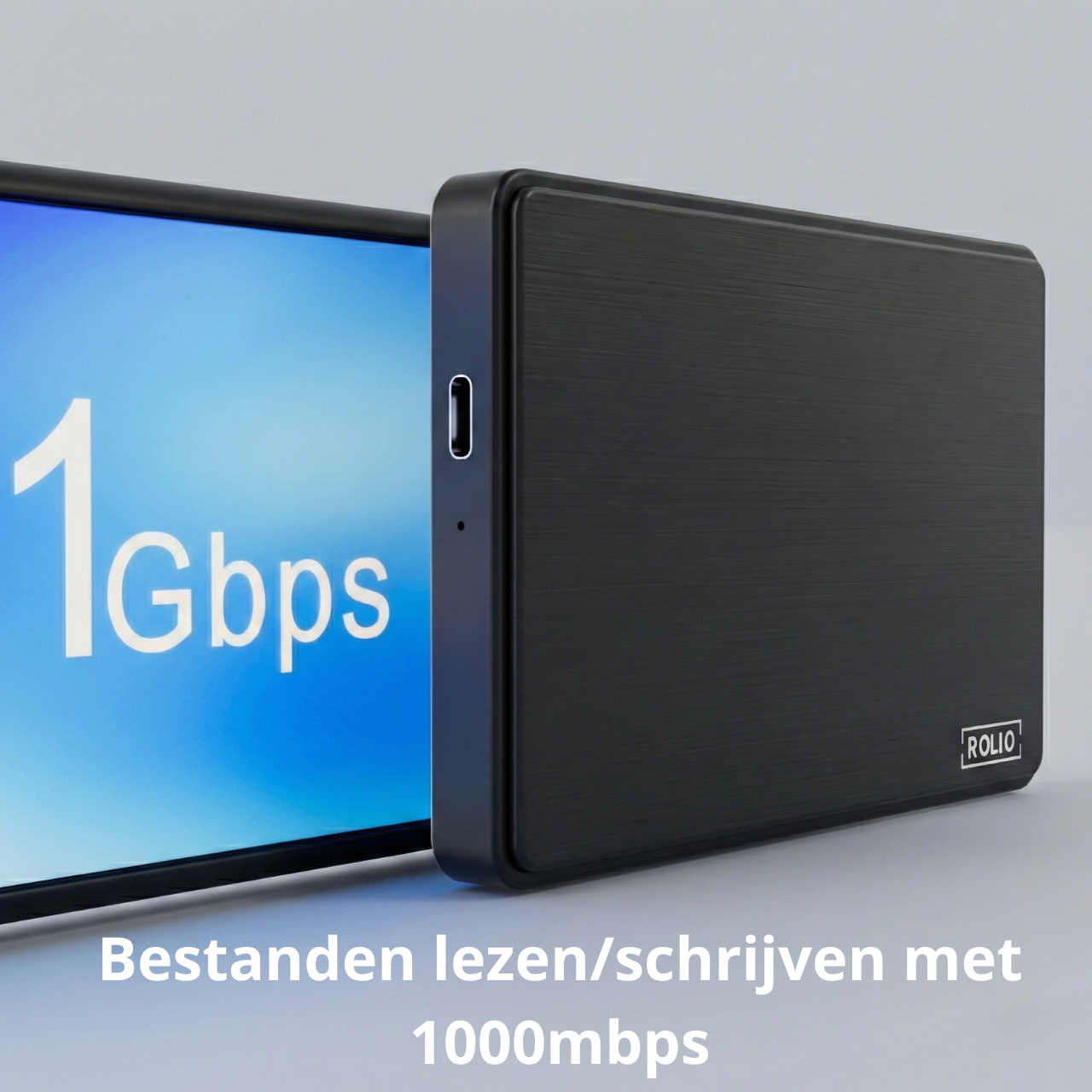 Schwarze externe Festplatte neben einem Bildschirm mit der Aufschrift 1Gbps und Text.