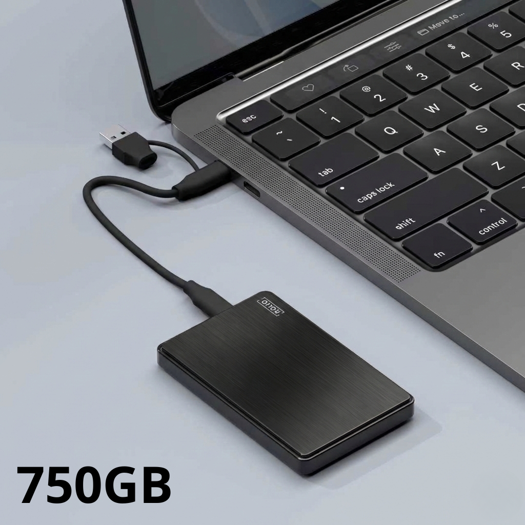 Eine schwarze, tragbare externe Festplatte ist an einem grauen Laptop auf heller Oberfläche angeschlossen, mit 750GB.