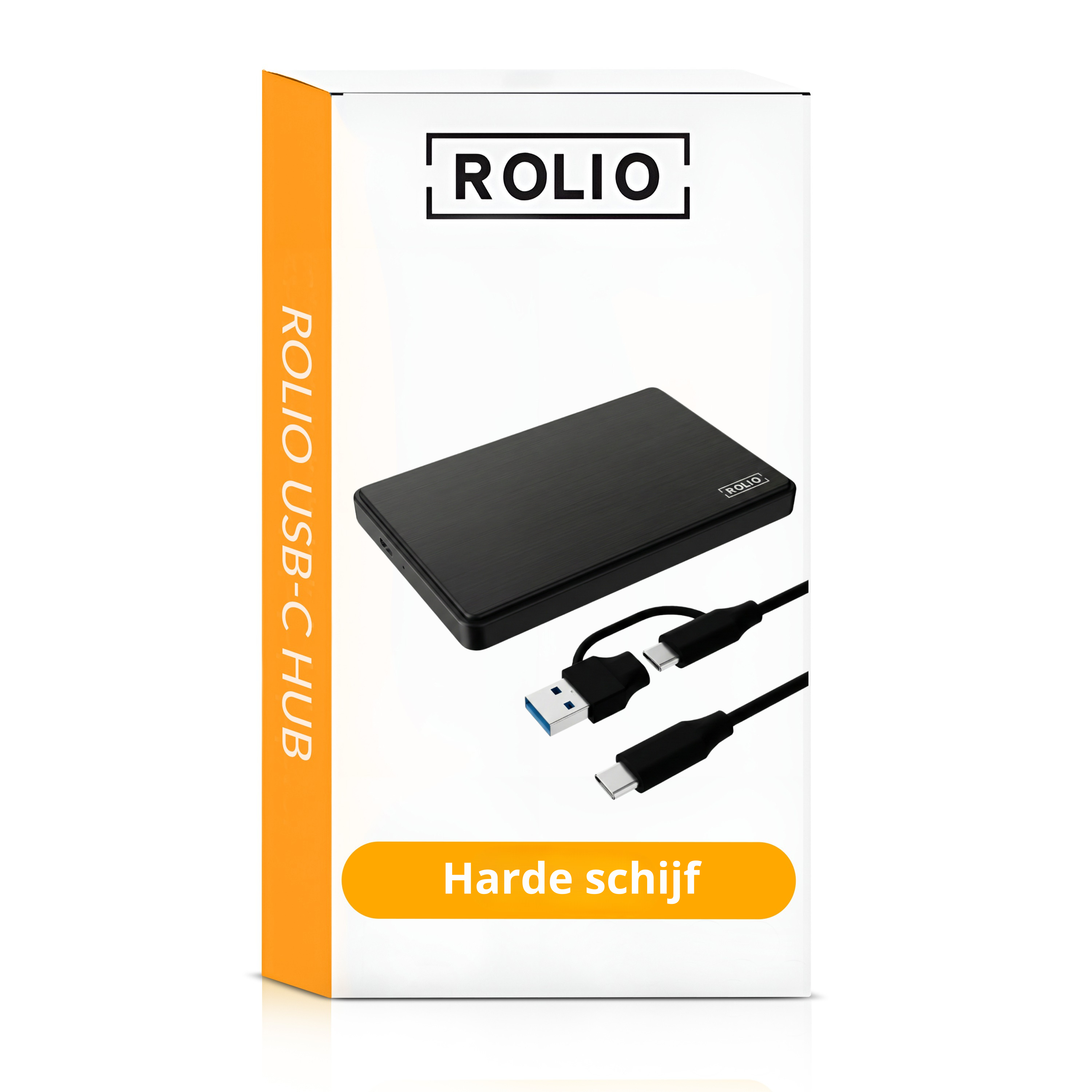 Produktverpackung für eine schwarze externe Festplatte mit USB-Kabel und dem Markennamen Rolio.