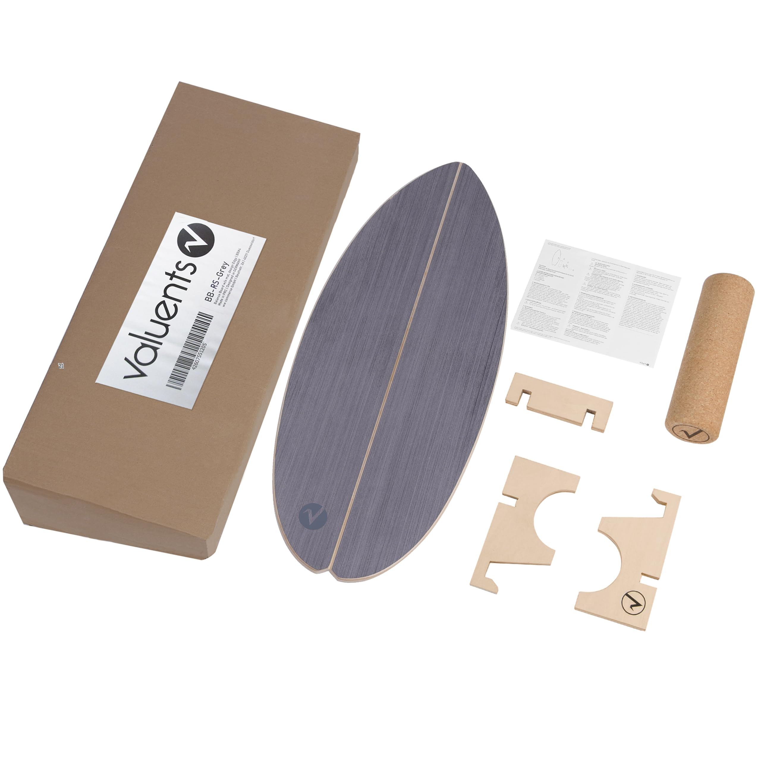 Unabalance board grigia con confezione, supporti in legno, rullo di sughero e manuale.
