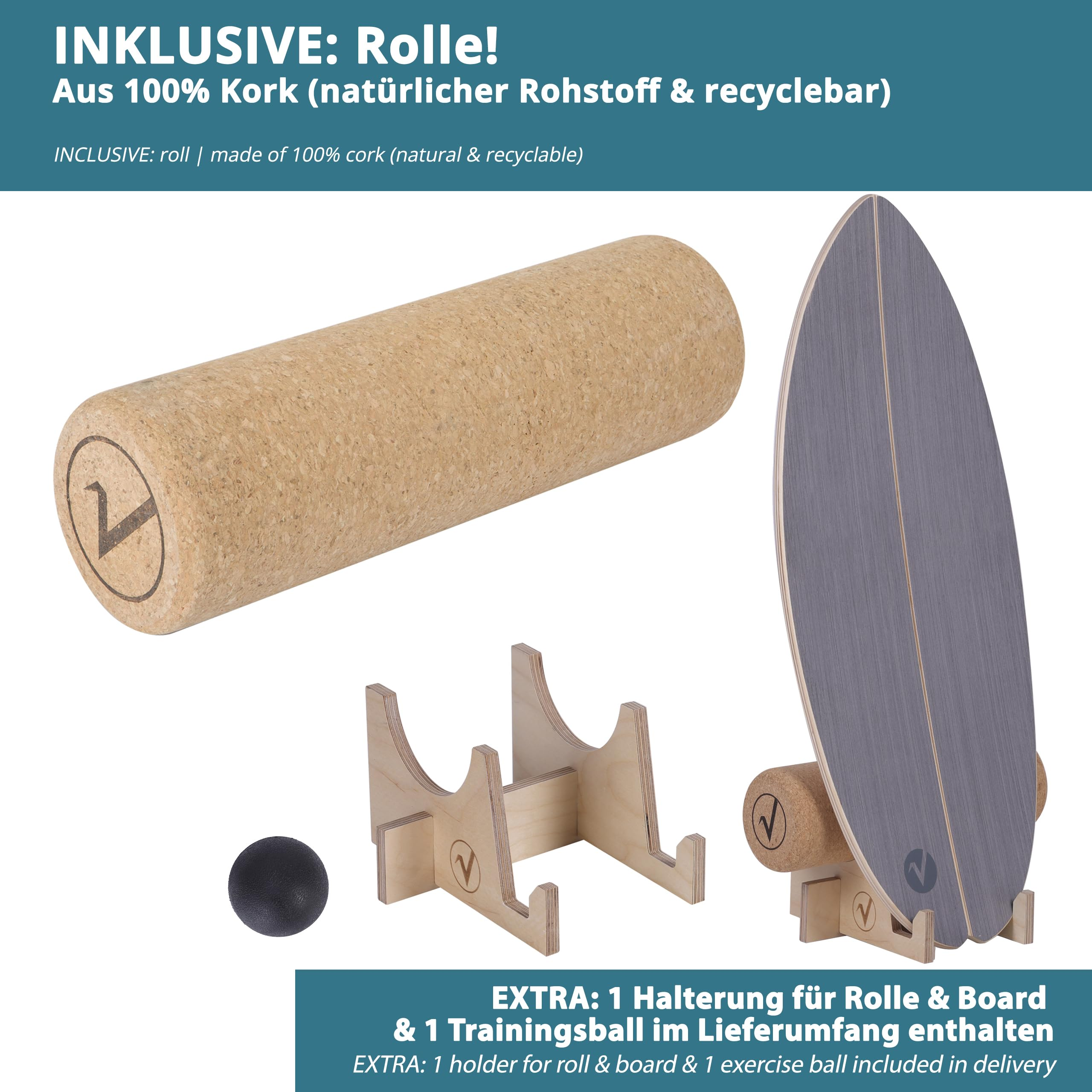 Set di balance board, rullo in sughero, supporto in legno e palla da allenamento.