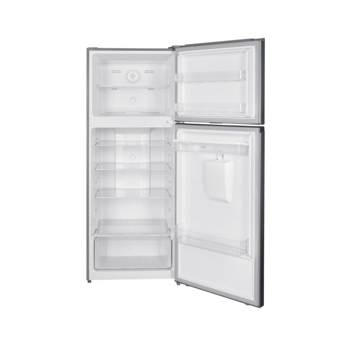 Ein offener, silberner Kühlschrank mit Gefrierfach oben und leeren Glasböden im Innenraum.