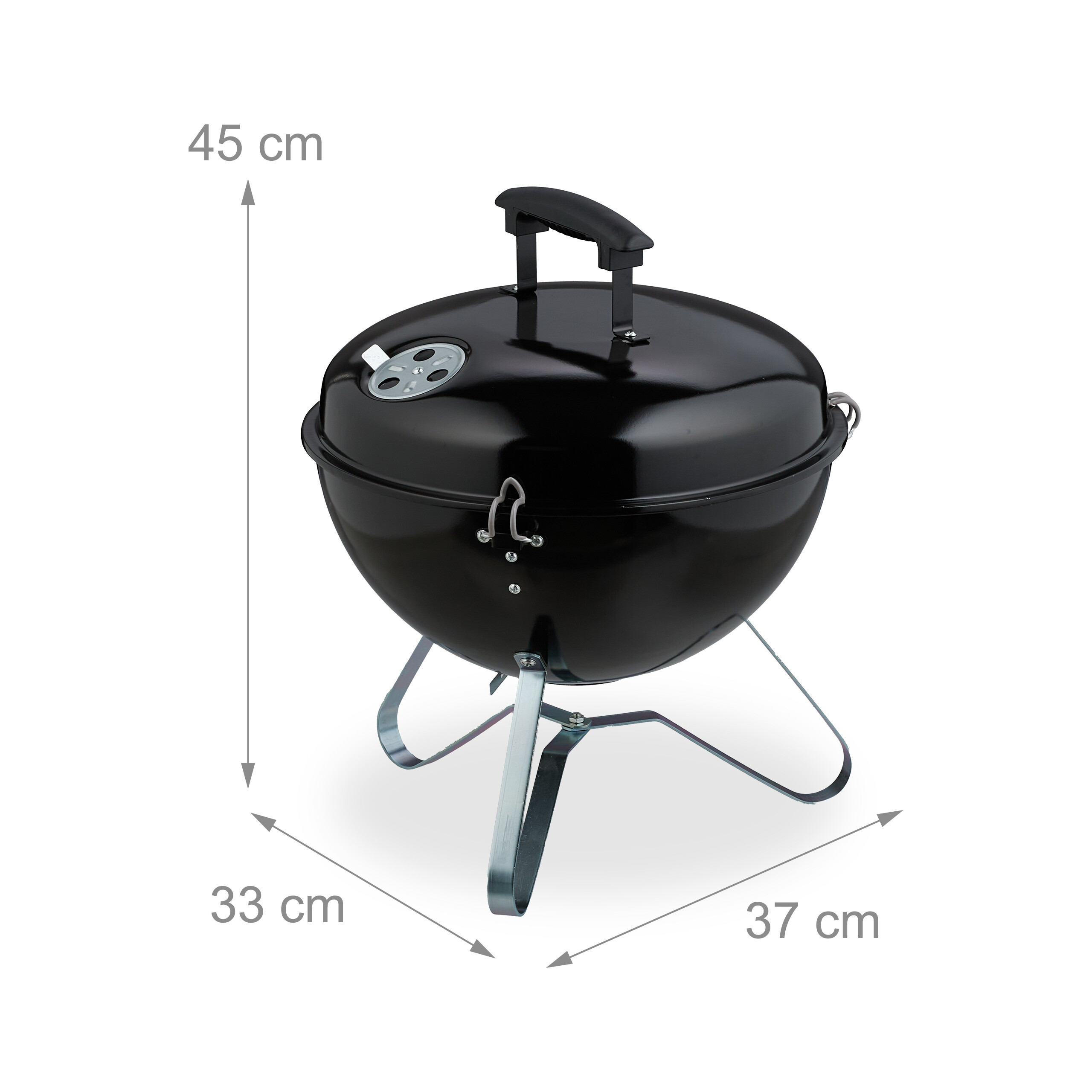 Ein schwarzer Holzkohlegrill mit Maßen von 45 cm Höhe, 33 cm Tiefe und 37 cm Breite.