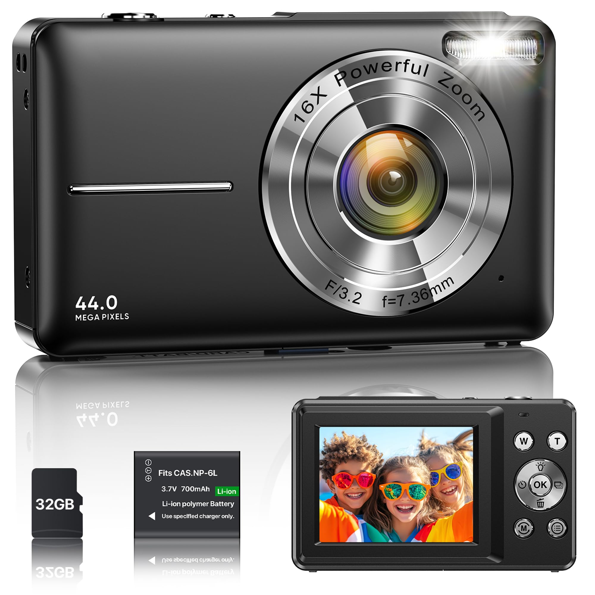 Schwarze Digitalkamera mit 44 Megapixeln, 16x Zoom, SD-Karte, Akku und Display mit Kindern.