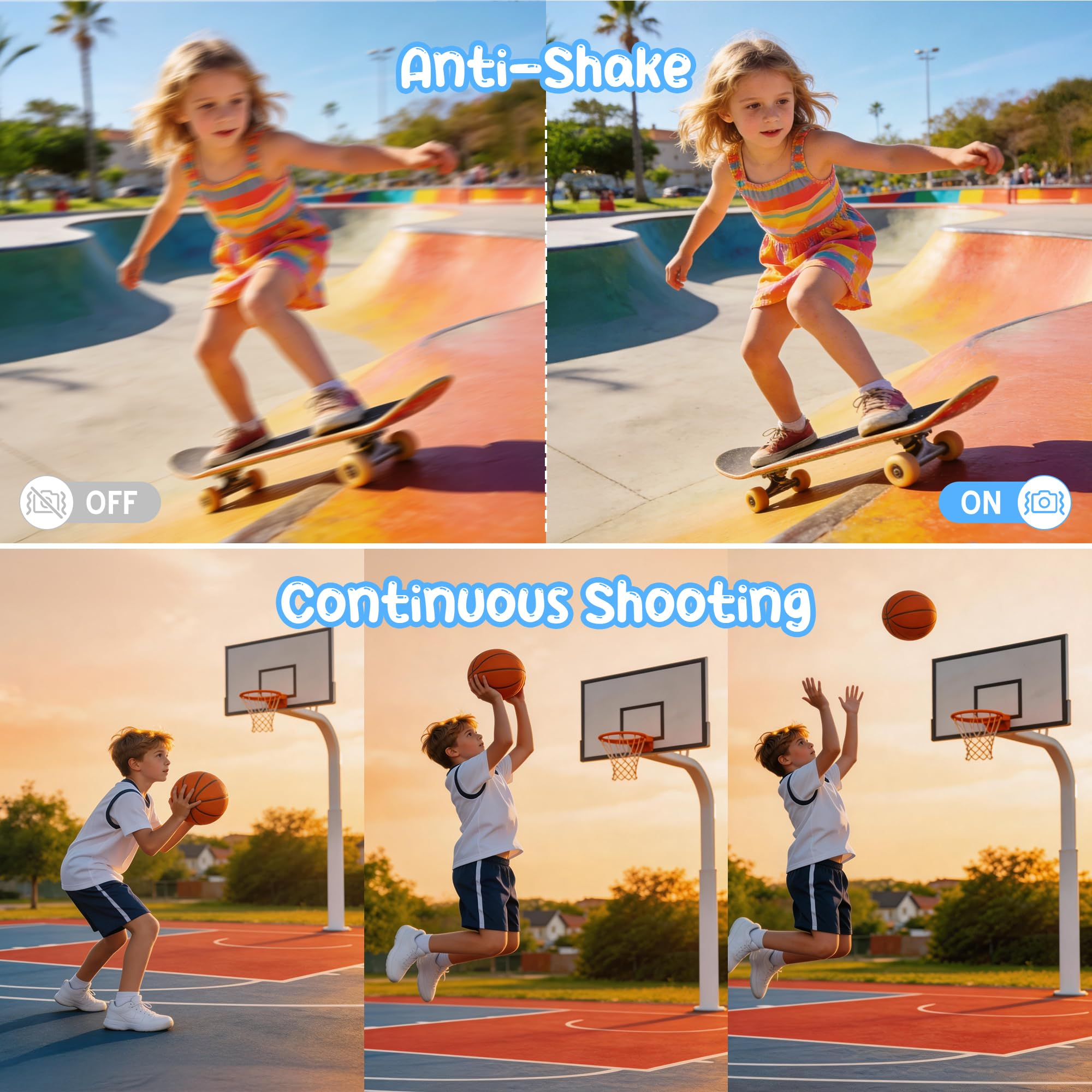 Vergleichsbilder zeigen Anti-Shake-Effekt bei einem Skateboarder und Continuous Shooting bei einem Basketballspieler.